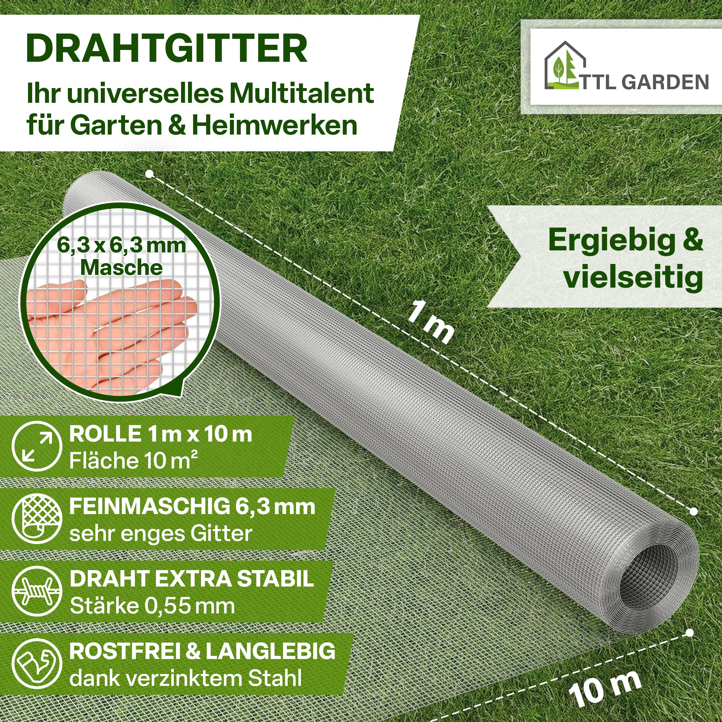 Un rouleau de grillage en fil d'argent sur de l'herbe avec du texte et des infographies sur les dimensions.