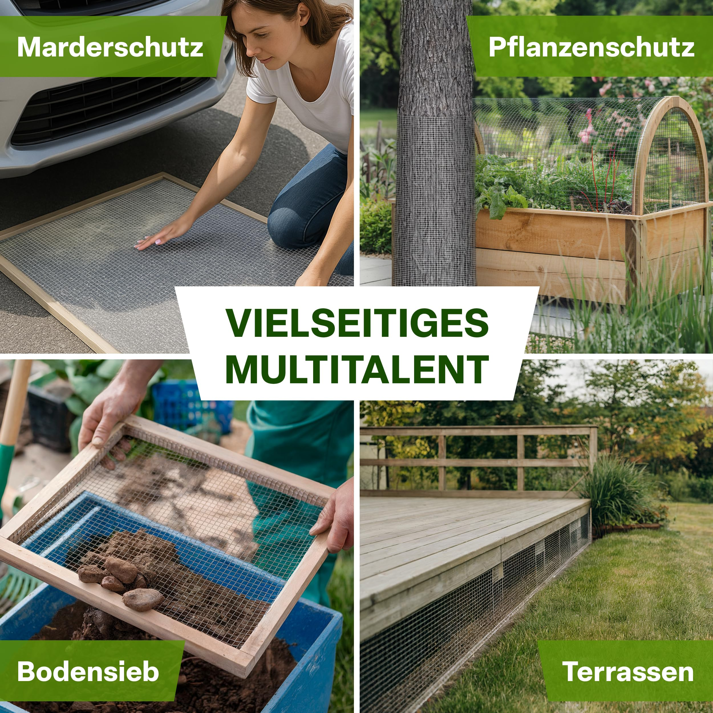 Quatre images montrent un grillage métallique pour la protection contre les martres, les plantes et les terrasses.