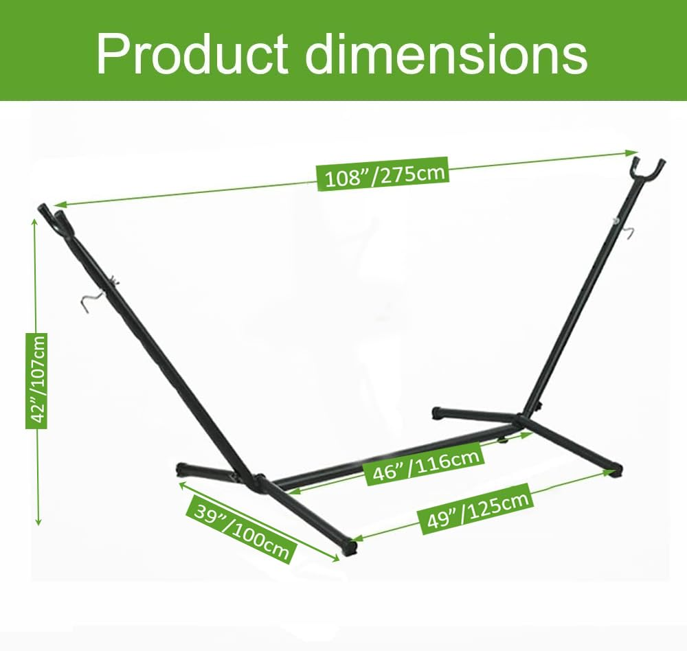Diagramm mit den Produktabmessungen eines schwarzen Hängemattenständers aus Metall.