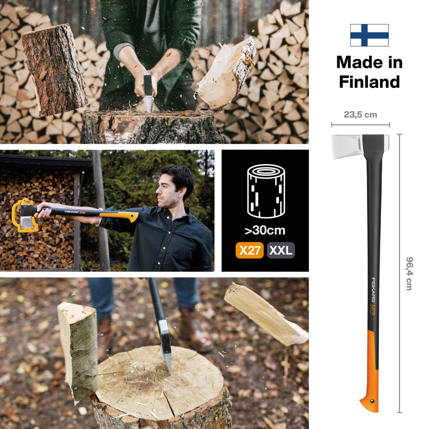 Ein Mann spaltet Holz mit einer Fiskars Axt, mit Maßen, Finnland-Herkunft und gestapeltem Holz im Hintergrund.