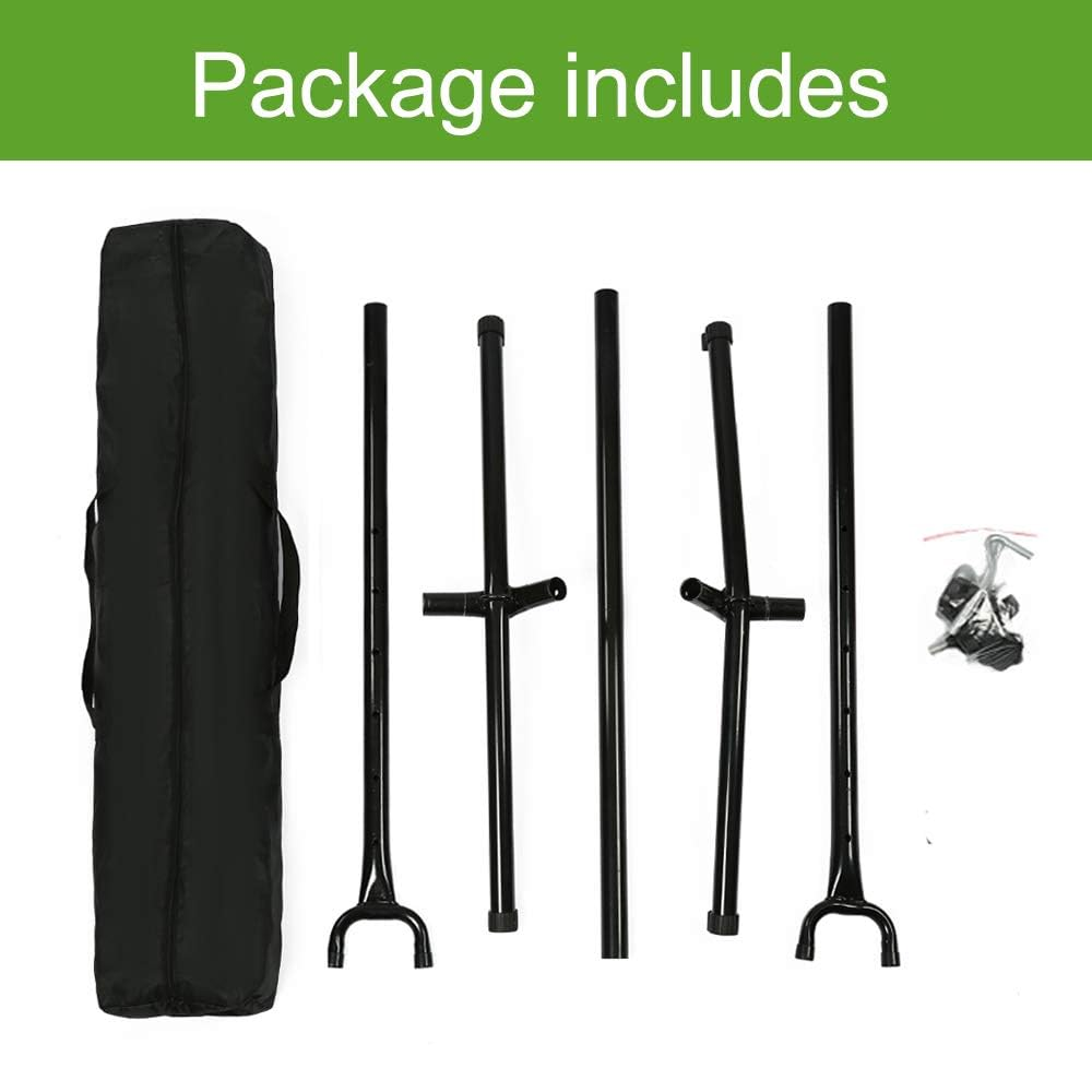 Das Paket enthält eine schwarze Tragetasche, vier schwarze Metallstangen und kleine Montageteile.