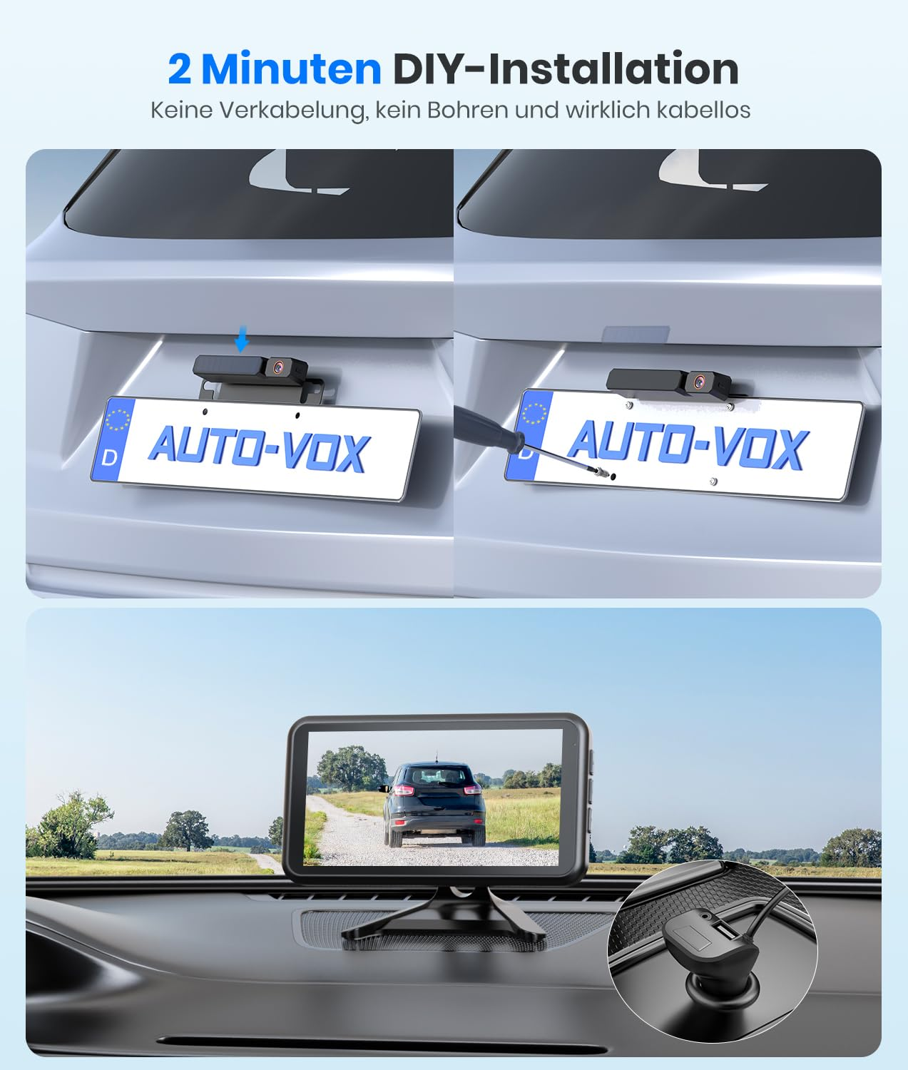 Einfache kabellose Installation einer Auto-Vox Rückfahrkamera und Display im Auto.