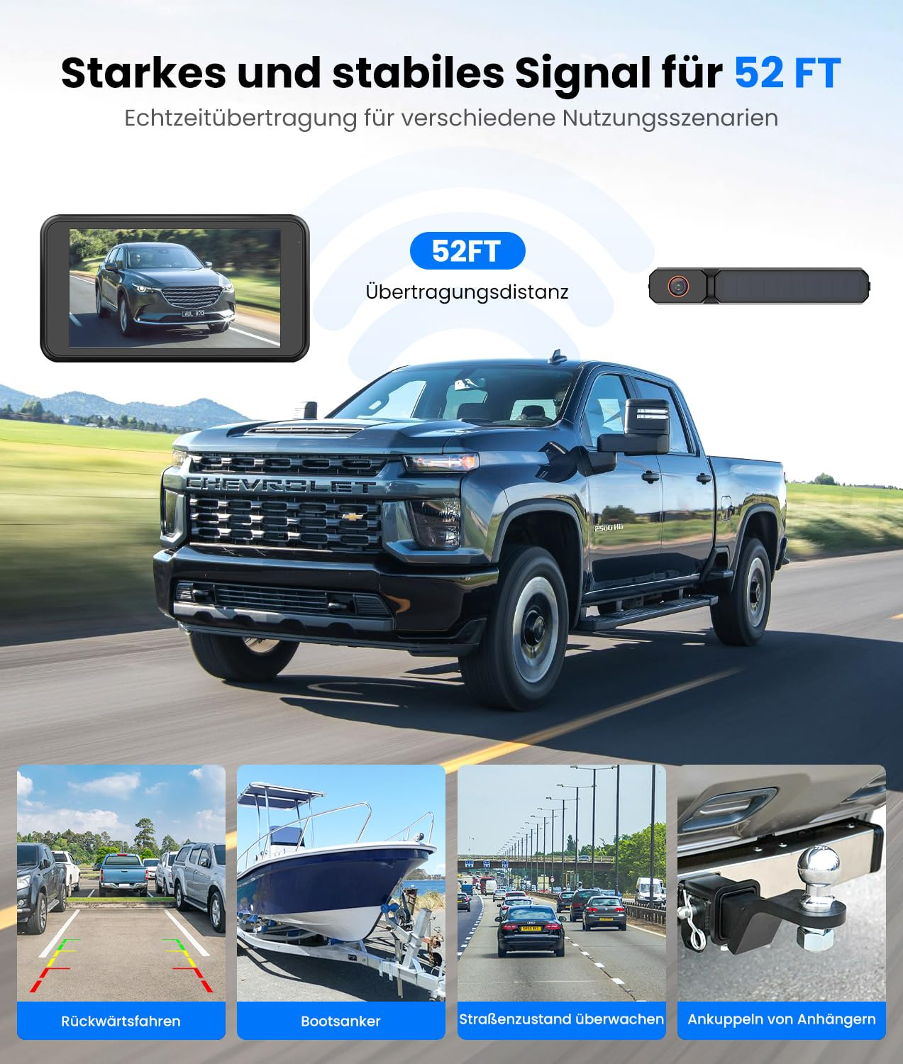 Ein blauer Chevrolet-Pickup auf der Straße, begleitet von Produkt- und Anwendungsbildern für eine Rückfahrkamera.