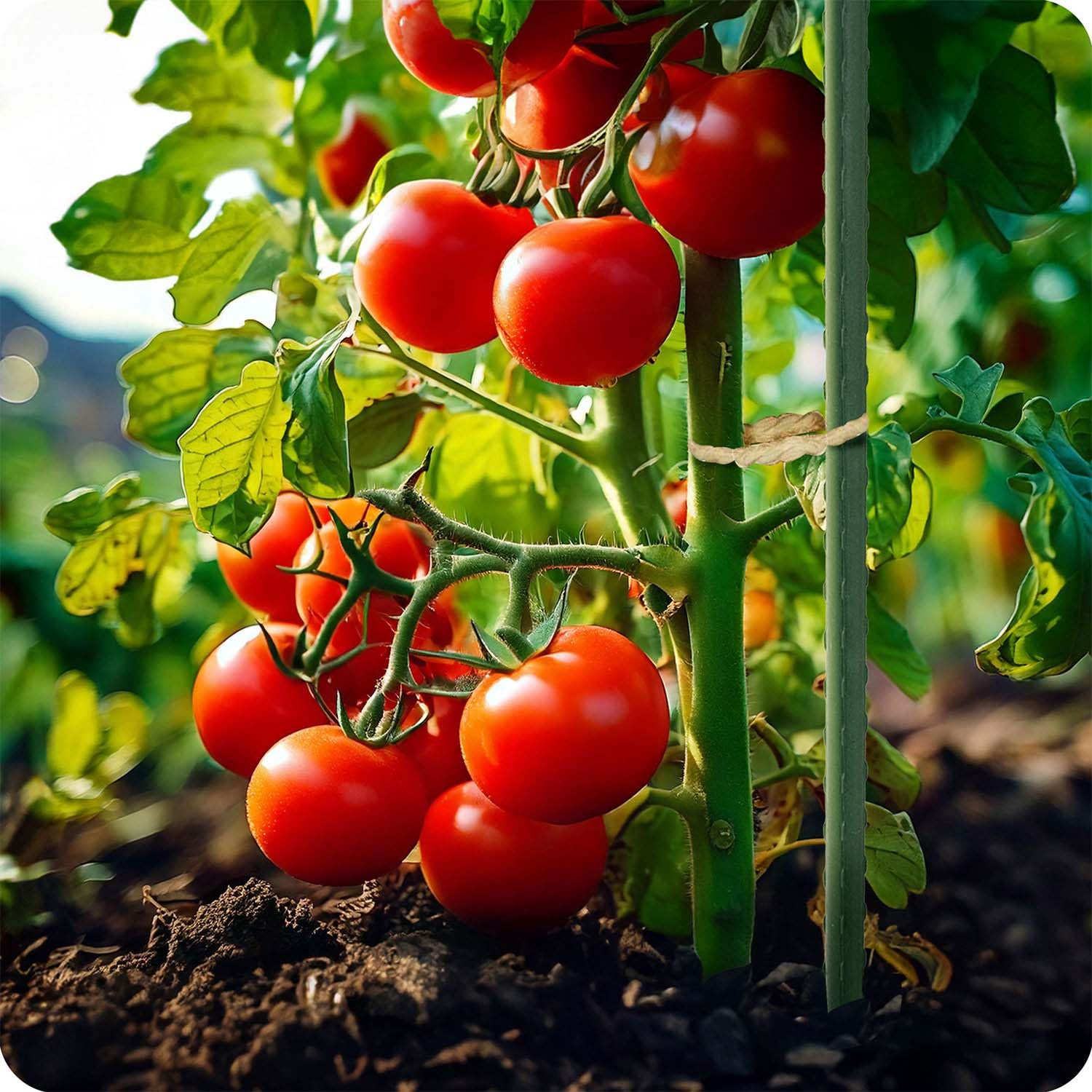 Des tomates rouges pendent sur une plante verte aux feuilles vertes dans un sol sombre.