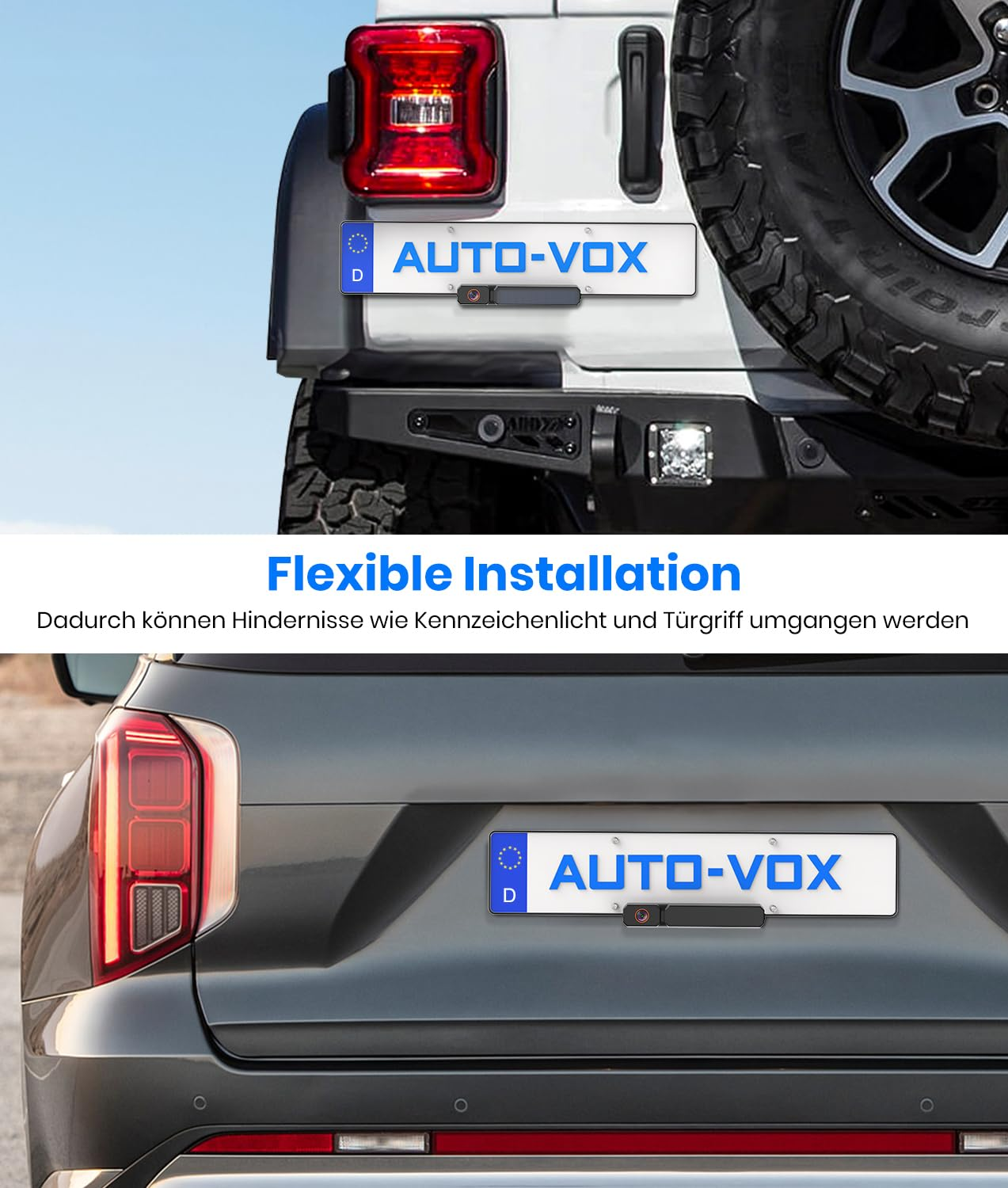 Rückansicht von zwei Autos mit AUTO-VOX Kennzeichenhalterungskameras und der Aufschrift Flexible Installation.