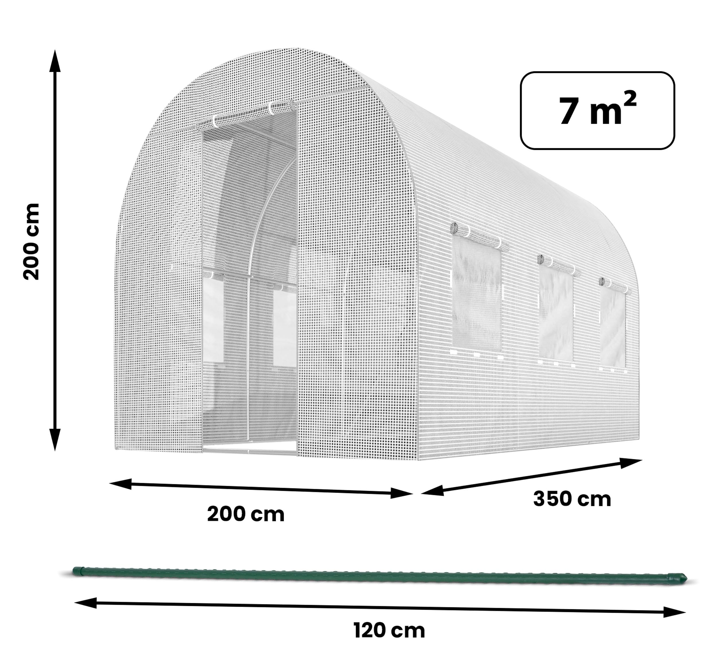Schéma d'une serre voûtée de 7 m² avec des dimensions de 200x350x200 cm et une tige de 120 cm.