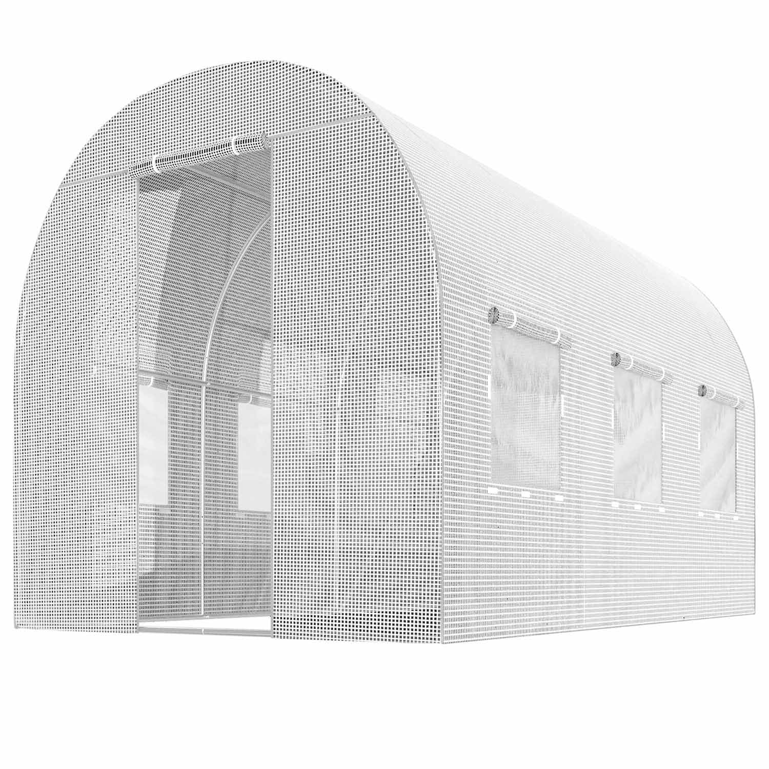 Une serre arquée blanche avec motif en grille, porte ouverte et fenêtres latérales sur fond blanc.