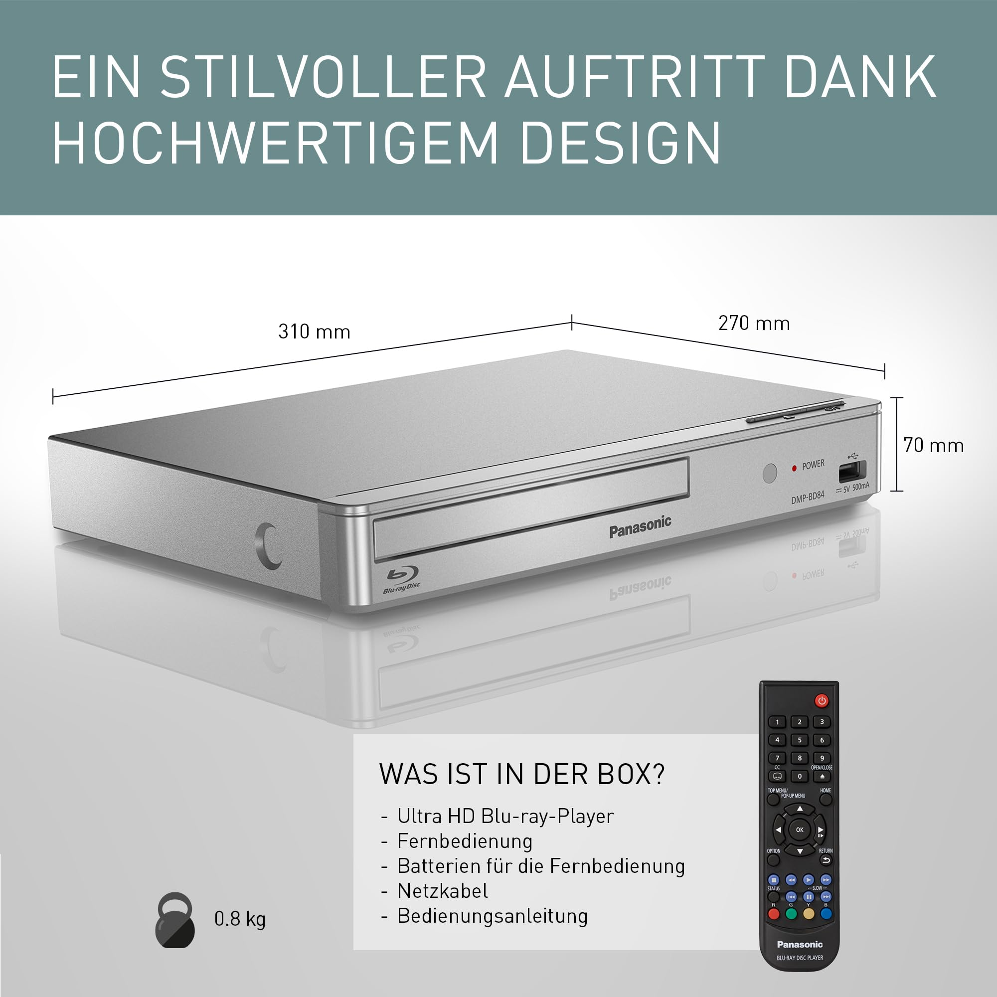 Lettore Blu-ray Panasonic con dimensioni, telecomando e peso di 0,8 kg su sfondo grigio.