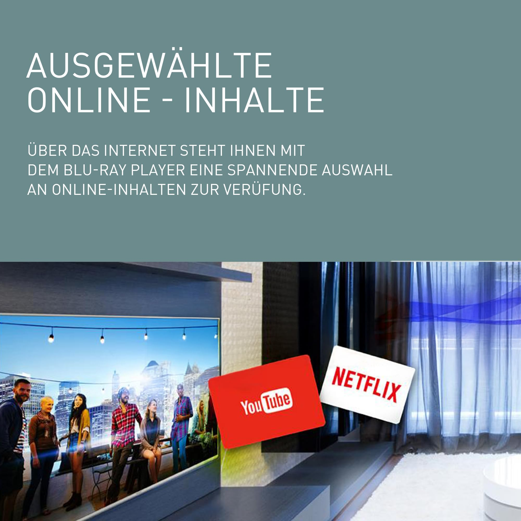 Schermo con persone e loghi di YouTube e Netflix su sfondo blu con testo in tedesco.