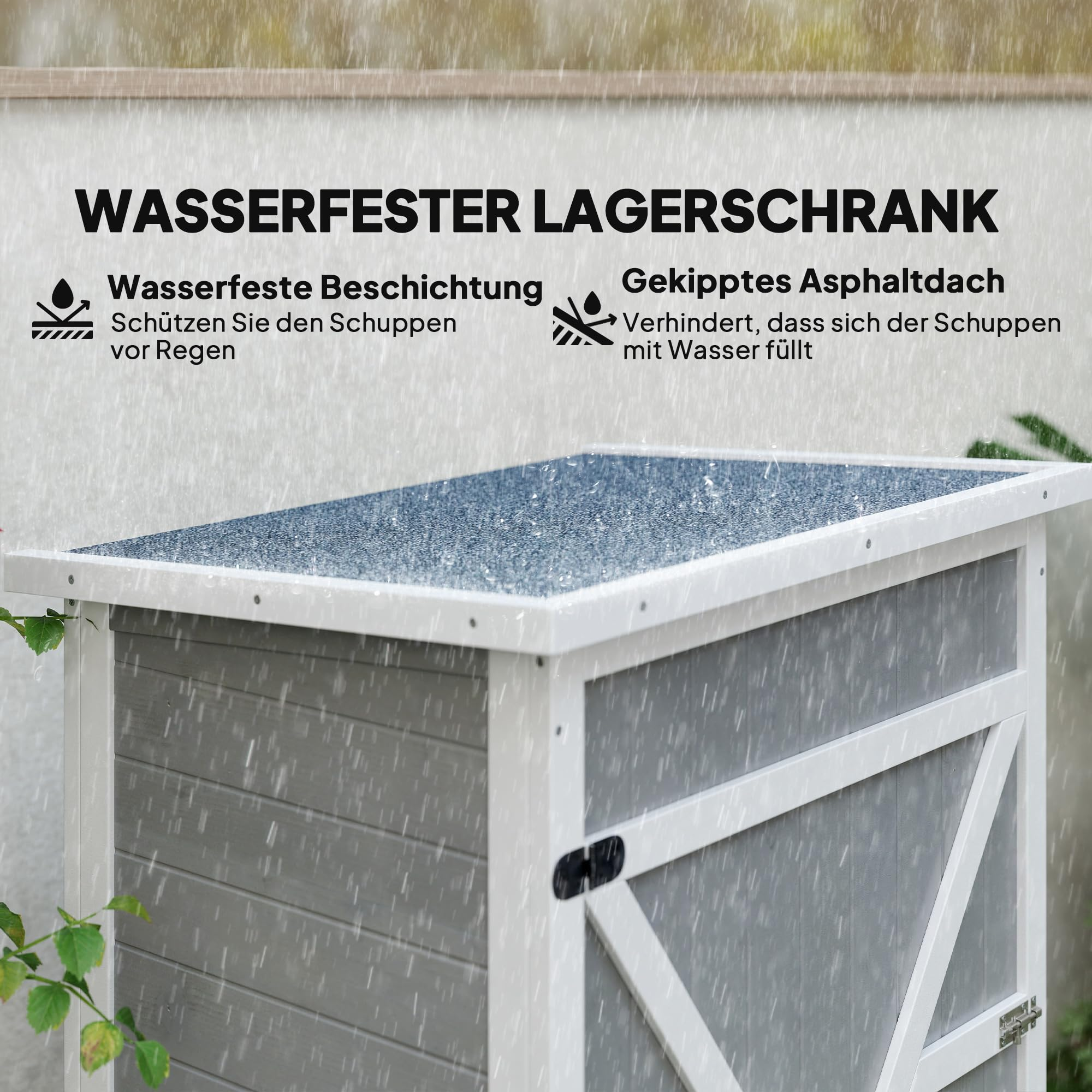 Wasserdichter Lagerschrank mit Asphaltach im Regen mit Text.