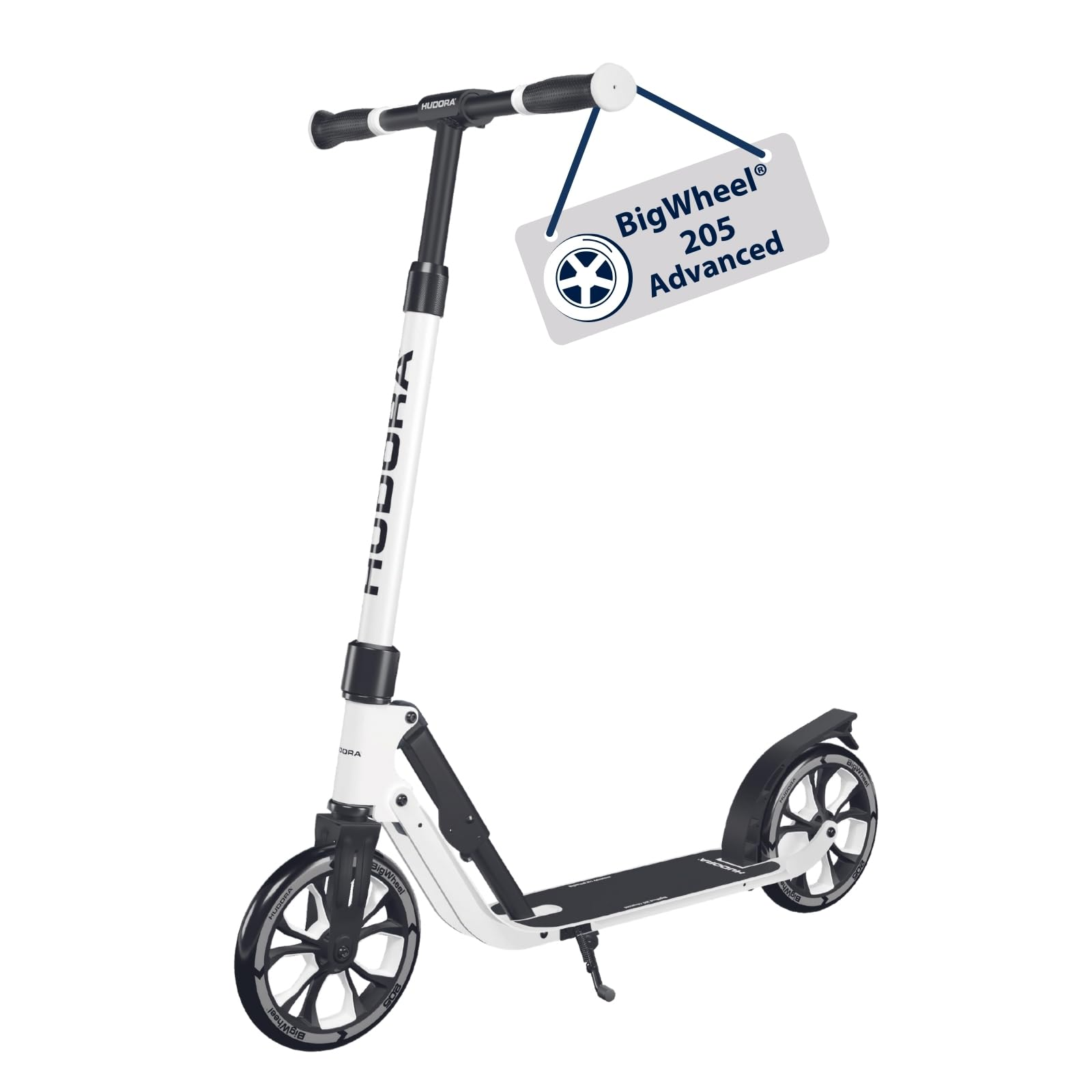Une trottinette blanche et noire Hudora BigWheel 205 Advanced avec étiquette sur fond blanc.