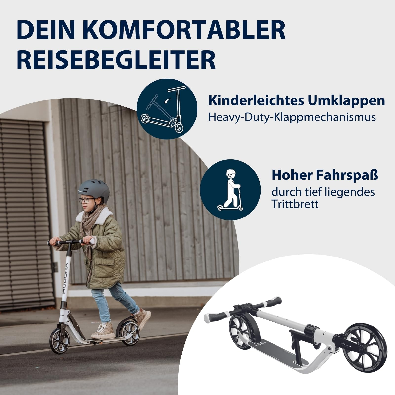 Un enfant casqué fait de la trottinette, avec des graphiques du produit et la trottinette pliée.