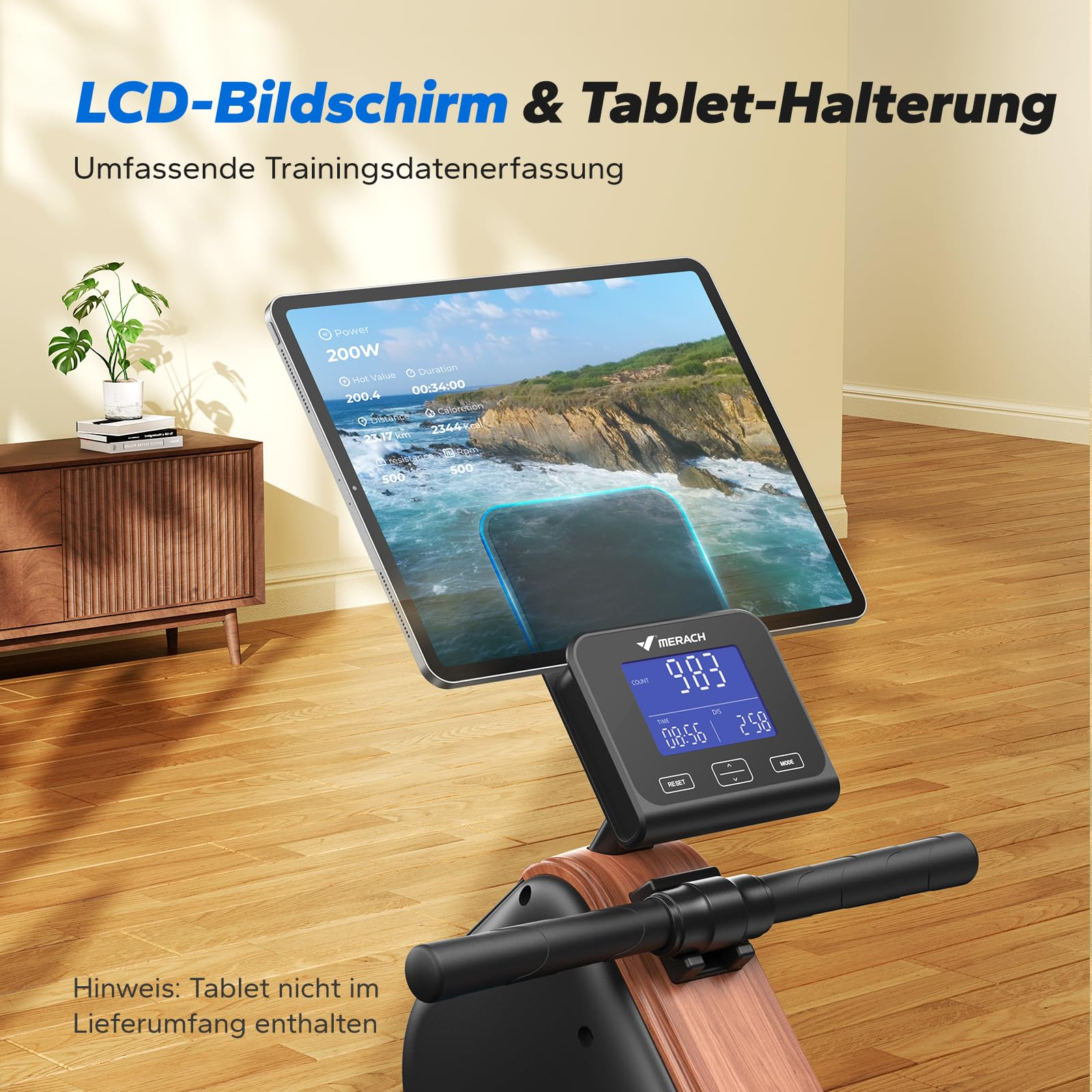 Un attrezzo ginnico con schermo LCD, supporto per tablet e telaio in legno in una stanza.