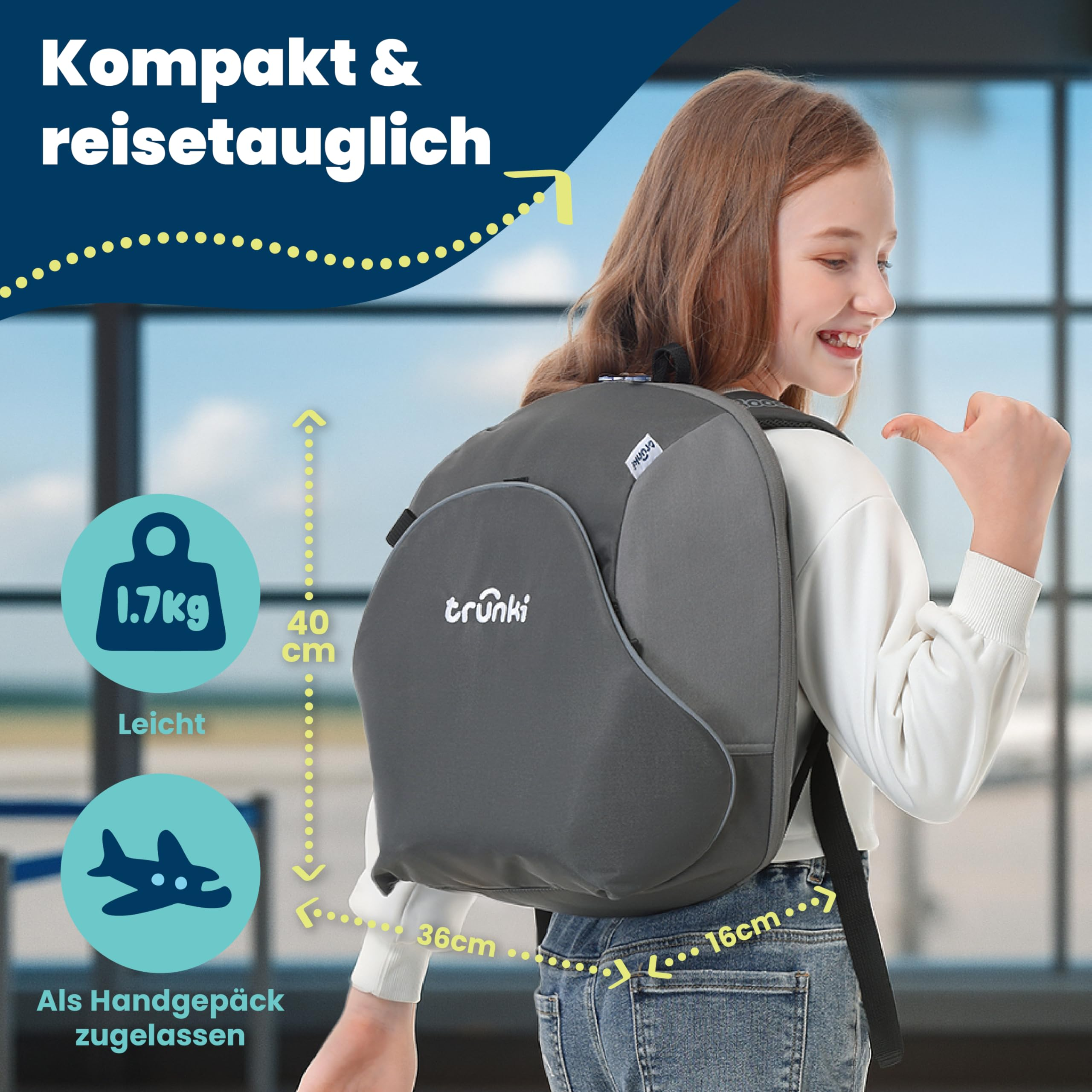 Ein M ädchen trägt einen grauen Trunki-Rucksack, mit Text und Infografiken zu Maßen und Gewicht.