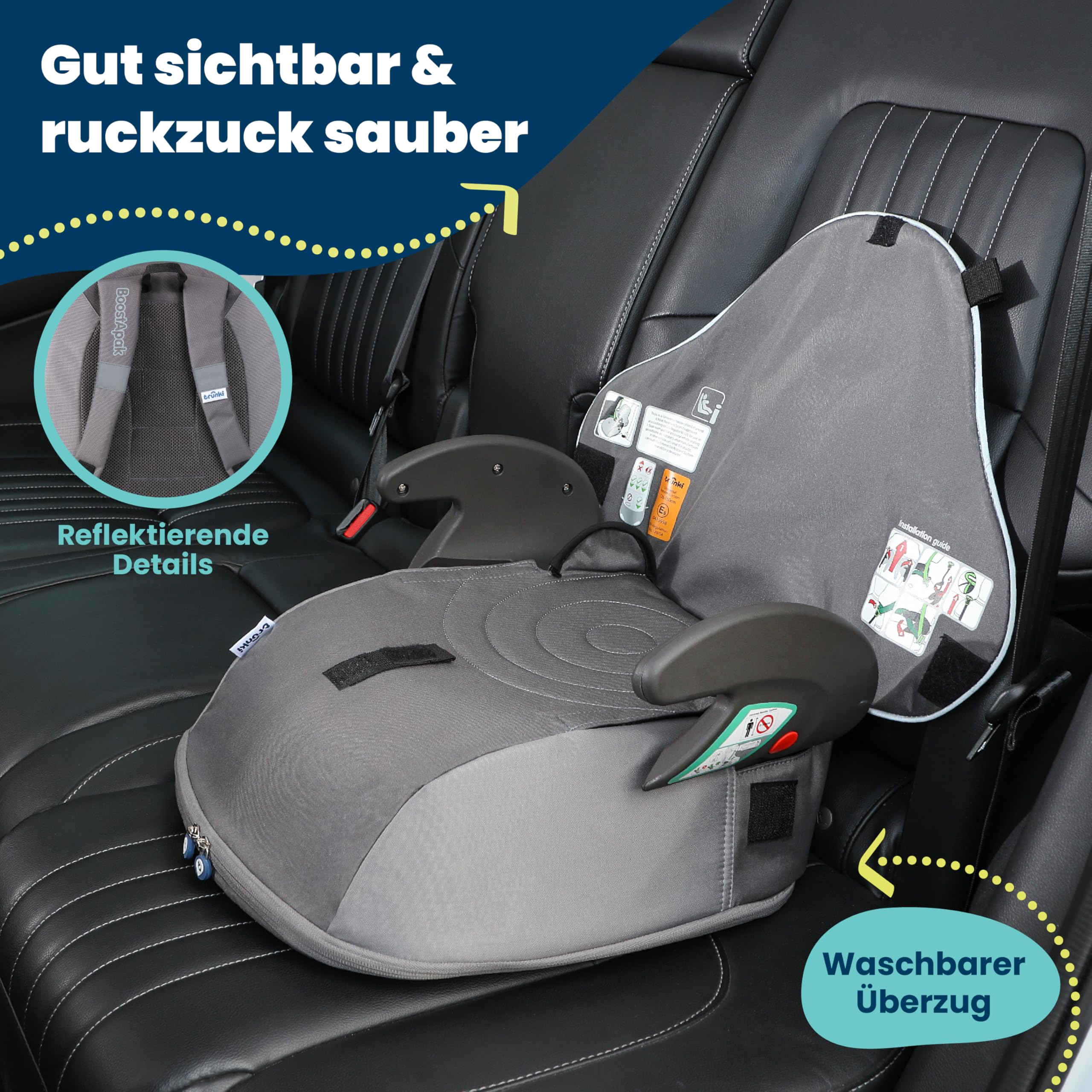 Grauer Kindersitz auf schwarzem Autositz mit Text und Grafiken.