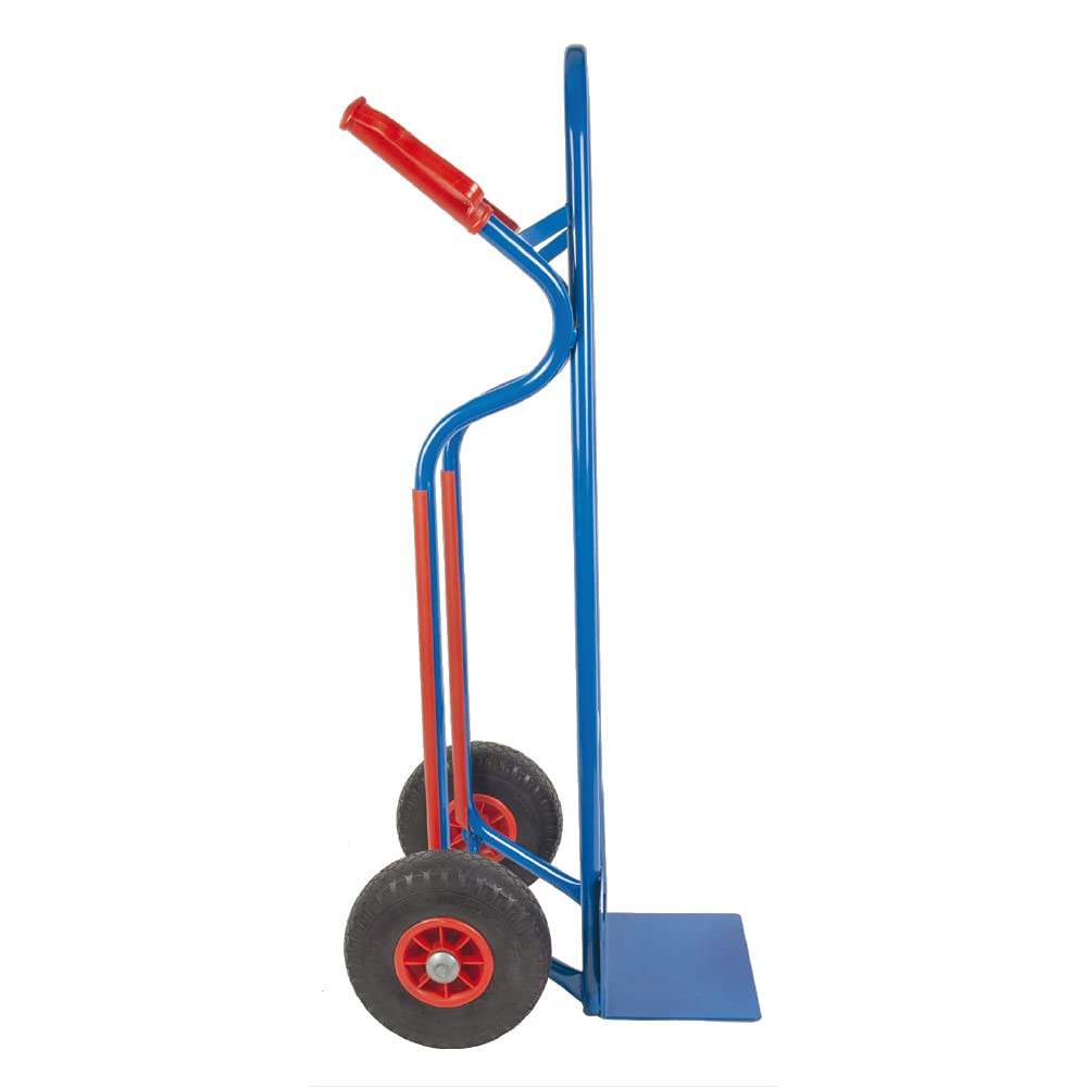 Blaue Sackkarre mit roten Griffen und zwei luftgefüllten Rädern.