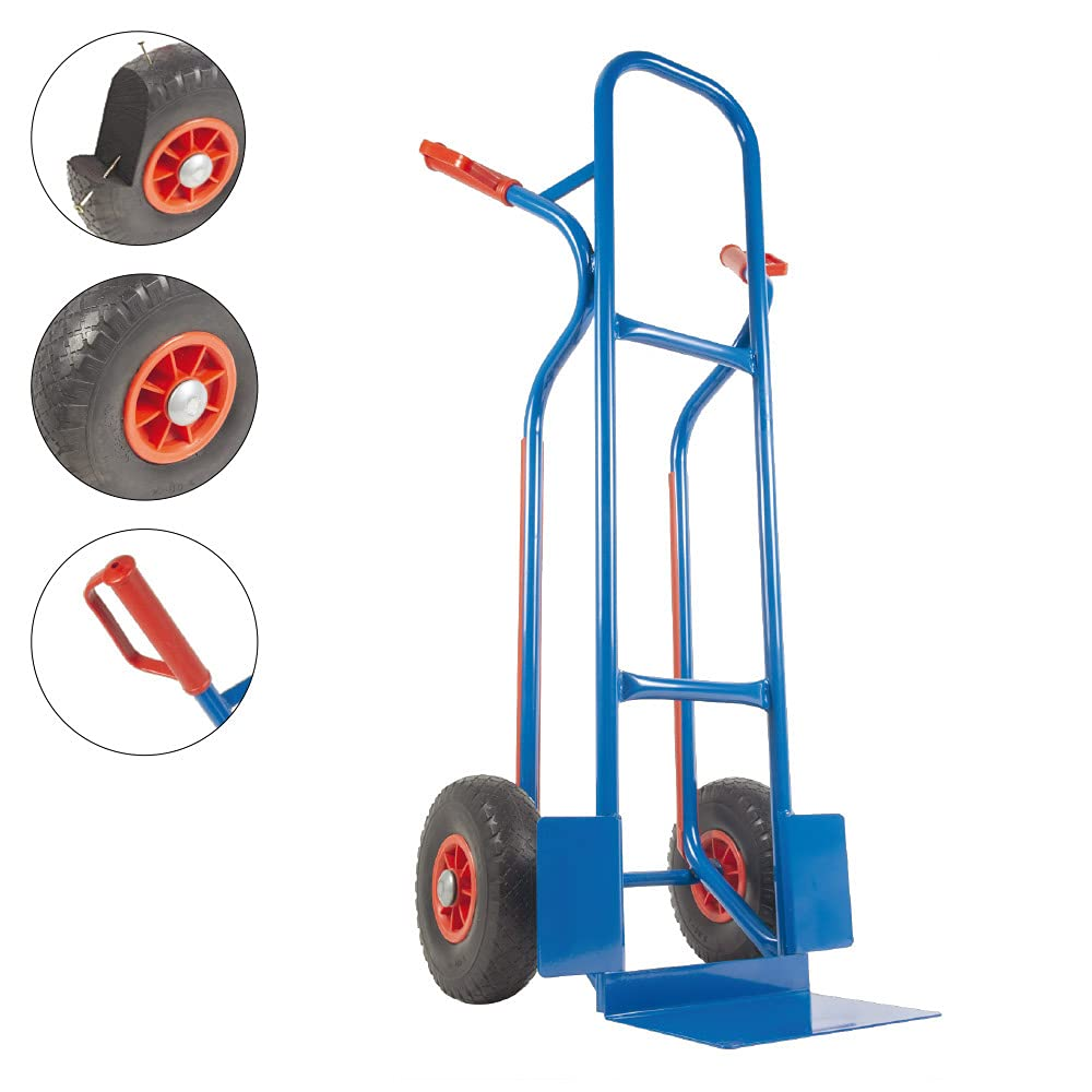 Eine blaue Sackkarre mit roten Rädern und Handgriffen auf weißem Hintergrund, mit drei Detailansichten.