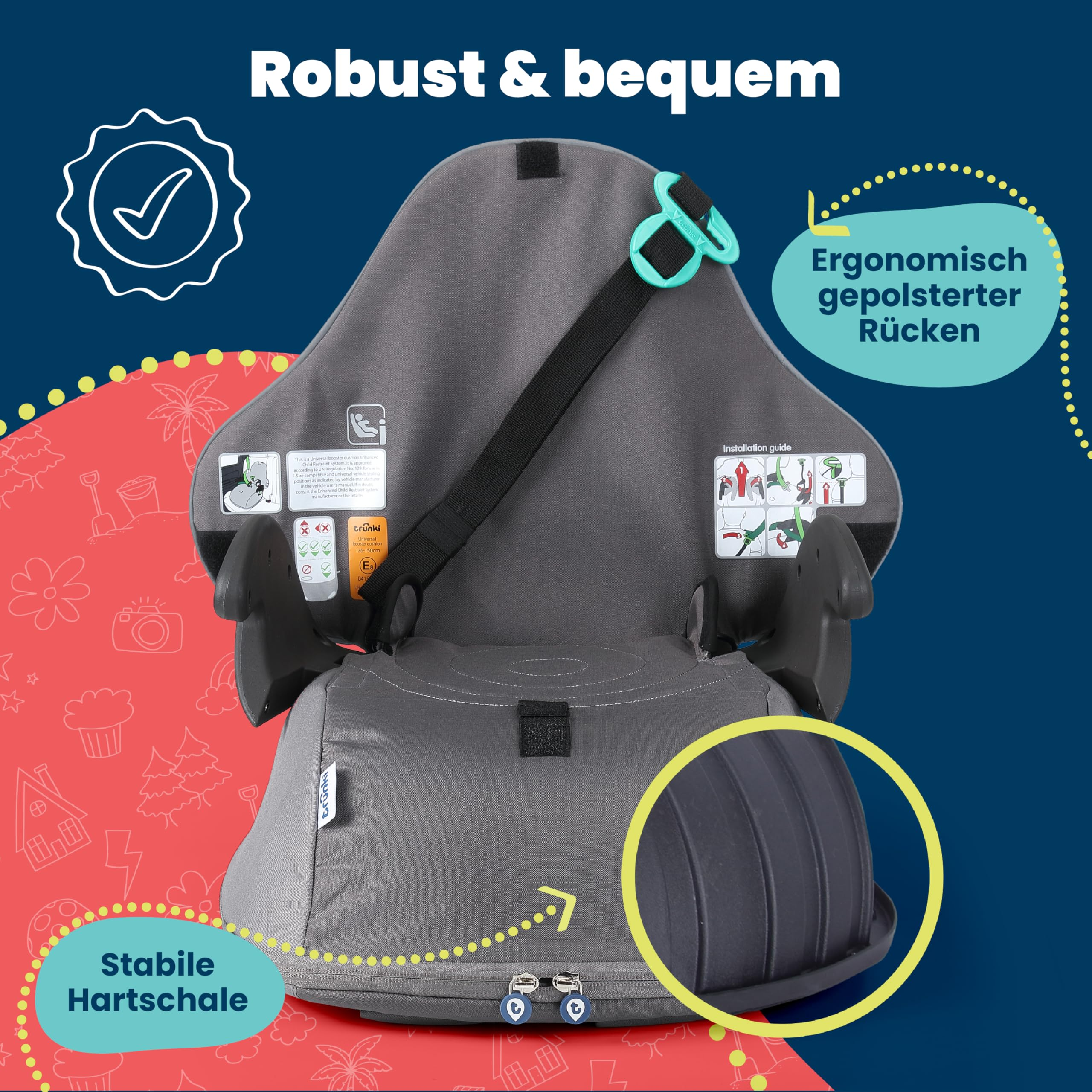 Grauer Kindersitz mit ergonomischem Rücken und stabiler Hartschale vor blau-rotem Hintergrund.