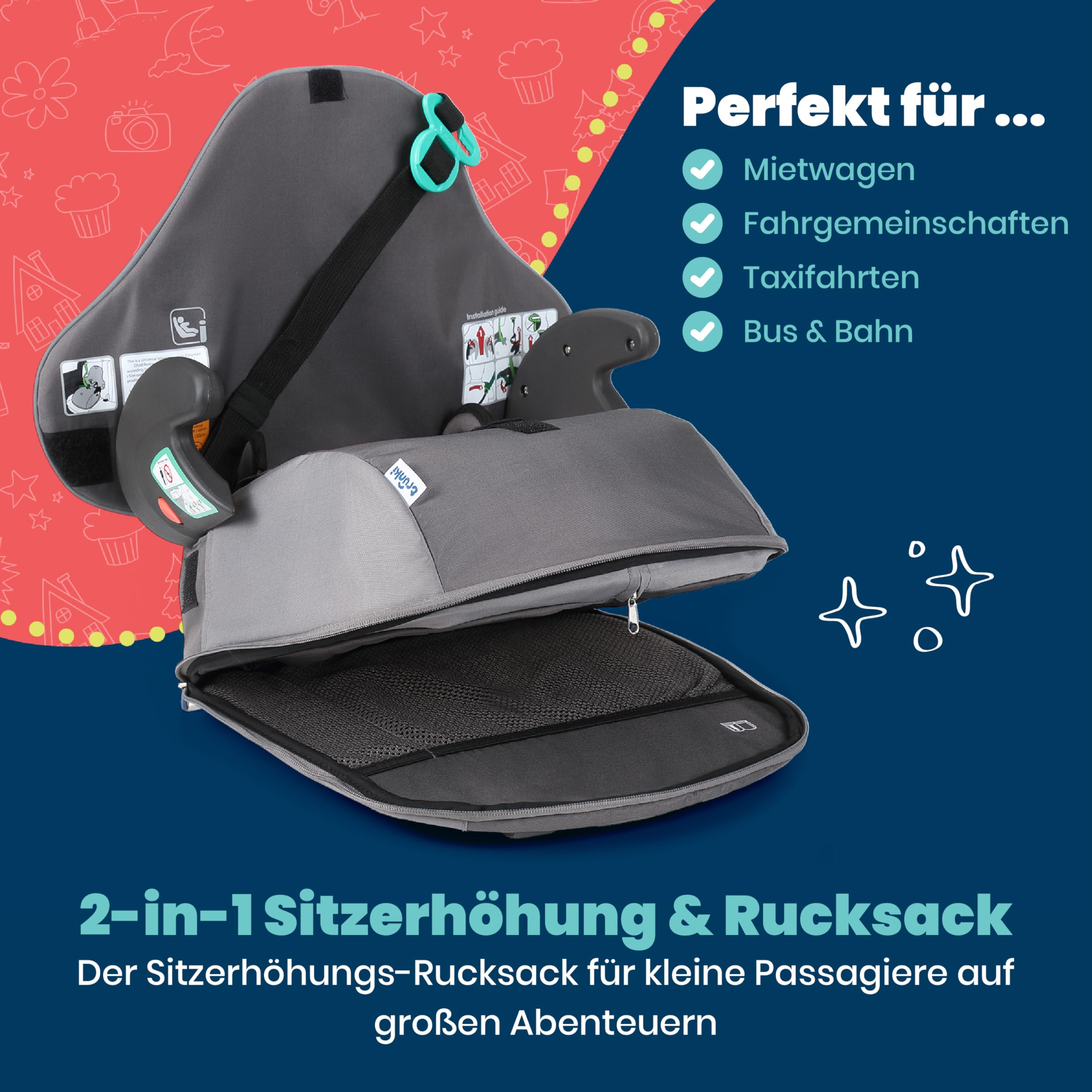 Graue 2-in-1 Sitzerhöhung und Rucksack mit geöffnetem Fach vor blau-rotem Hintergrund mit Text.