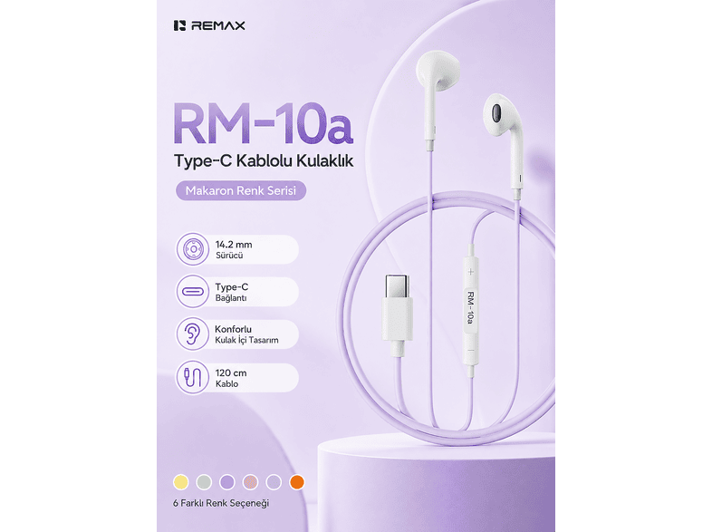 REMAX 14.2 mm Sürücülü Mikrofonlu - Type-C RM-10A Kablolu Kulak İçi Kulaklık Mor