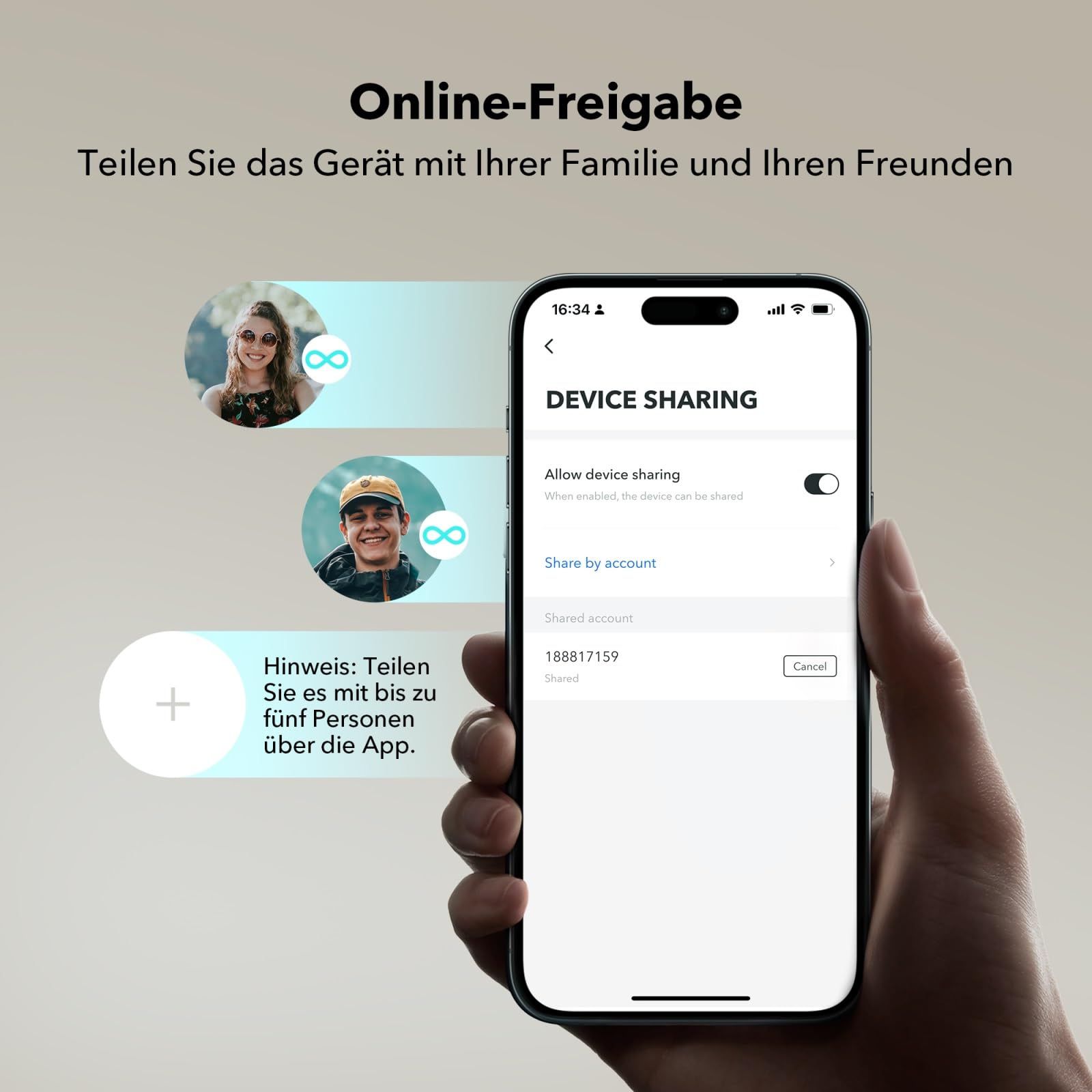 Smartphone affiche l'application de partage d'appareils avec des profils d'amis et de famille.