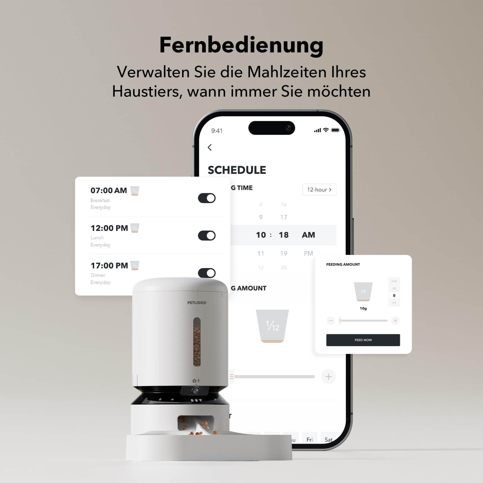 Un distributeur de nourriture blanc devant un smartphone affichant une application de planification.