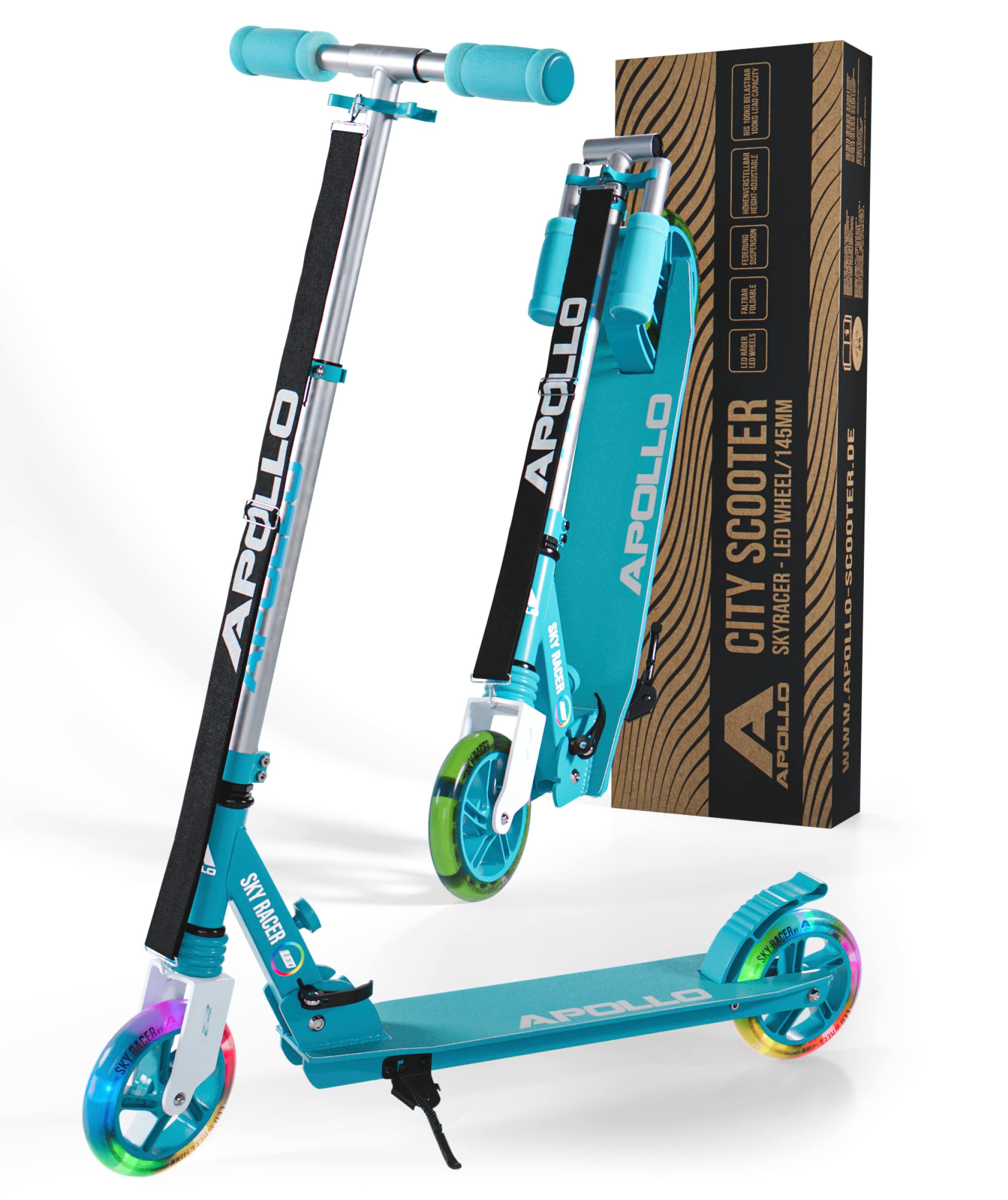 Ein türkiser Apollo City Scooter mit leuchtenden LED-Rädern, stehend und zusammengeklappt mit seiner Verpackung.