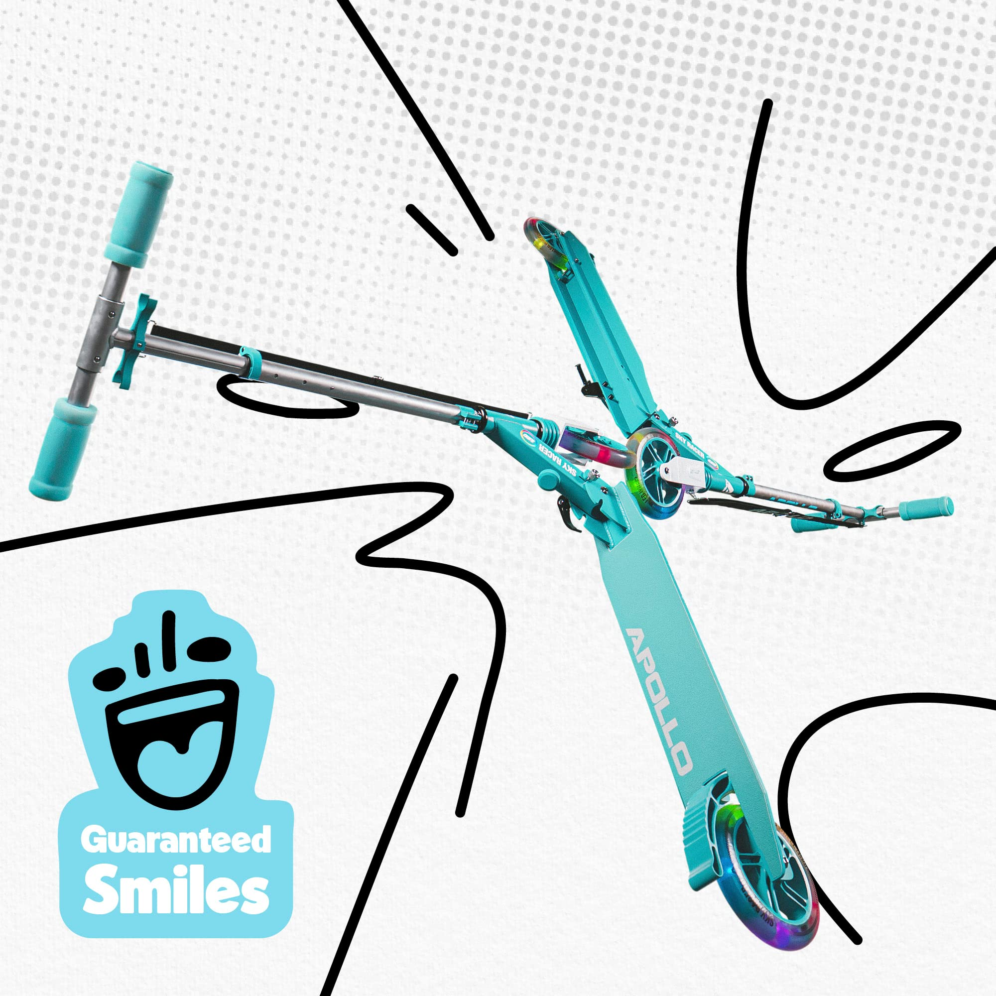 Ein türkisfarbener Apollo-Kinderroller auf weißem Hintergrund mit Comic-Linien und dem Logo „Guaranteed Smiles“.