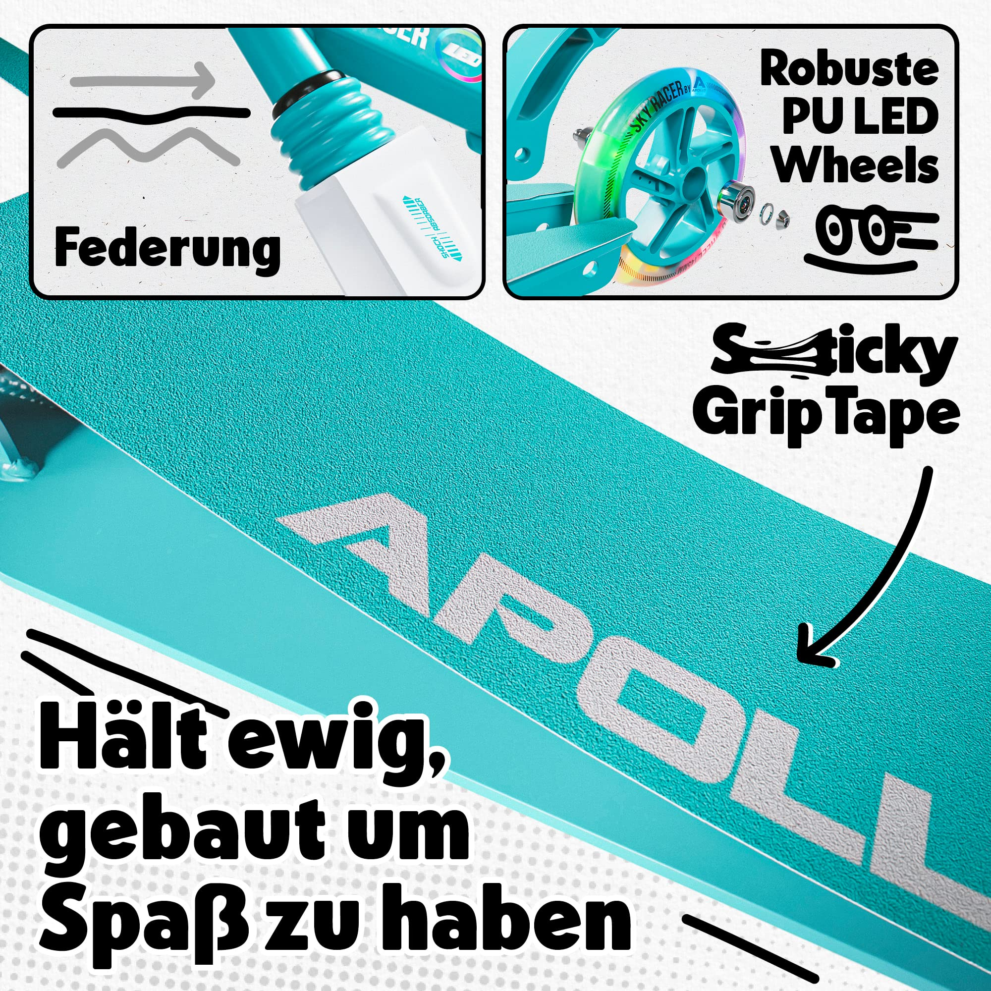 Produktmerkmale eines türkisen Apollo-Tretrollers mit Federung, LED-Rädern und Griptape.