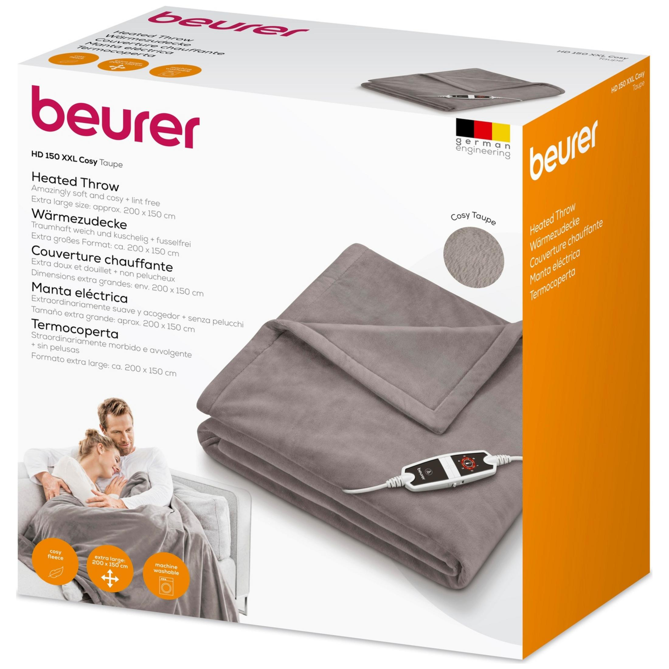 Confezione di una coperta riscaldante grigia Beurer HD 150 XXL Cosy con telecomando e foto di una coppia.