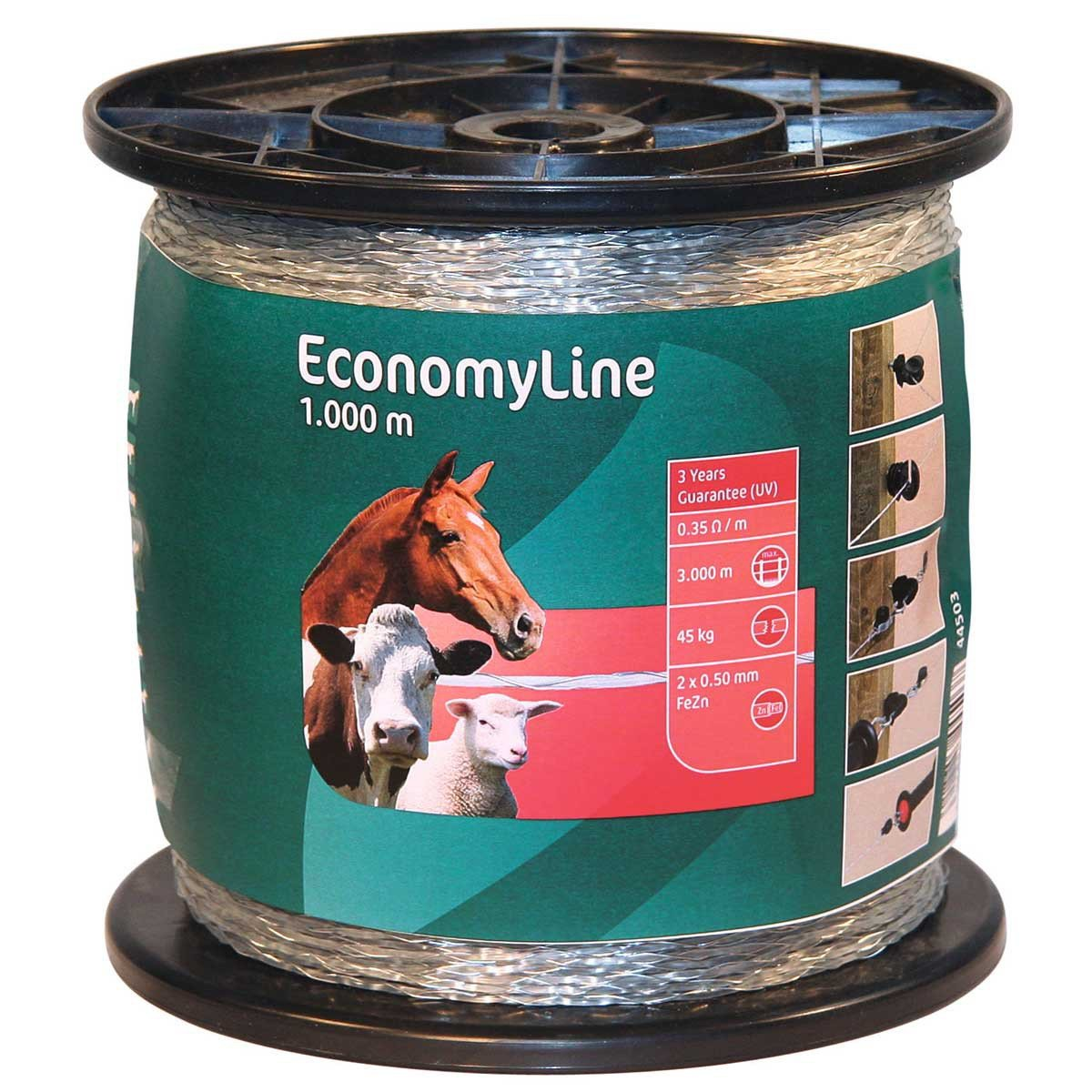 Une bobine noire de fil de clôture EconomyLine, avec des images d'animaux et des spécifications sur l'étiquette verte.
