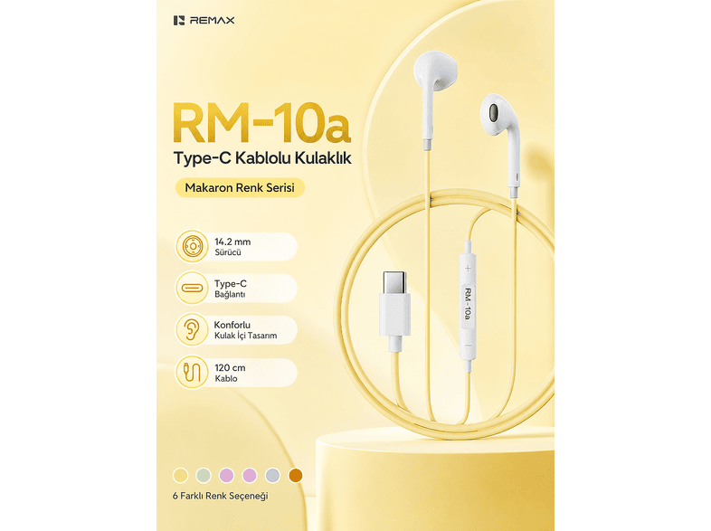 REMAX 14.2 mm Sürücülü Mikrofonlu - Type-C RM-10A Kablolu Kulak İçi Kulaklık Sarı