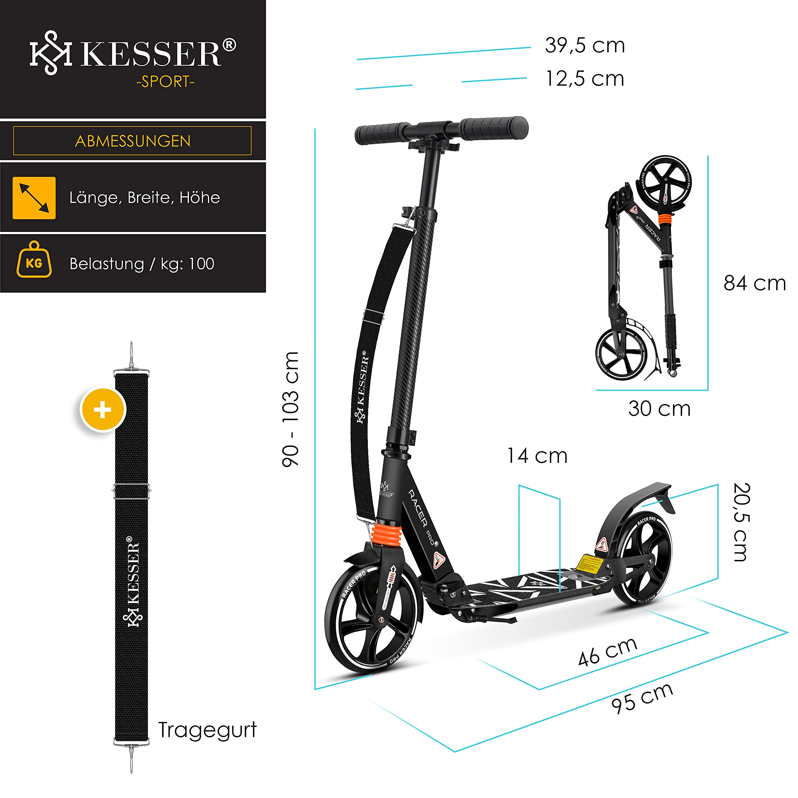 Dessin technique avec dimensions et détails de la trottinette noire Kesser.