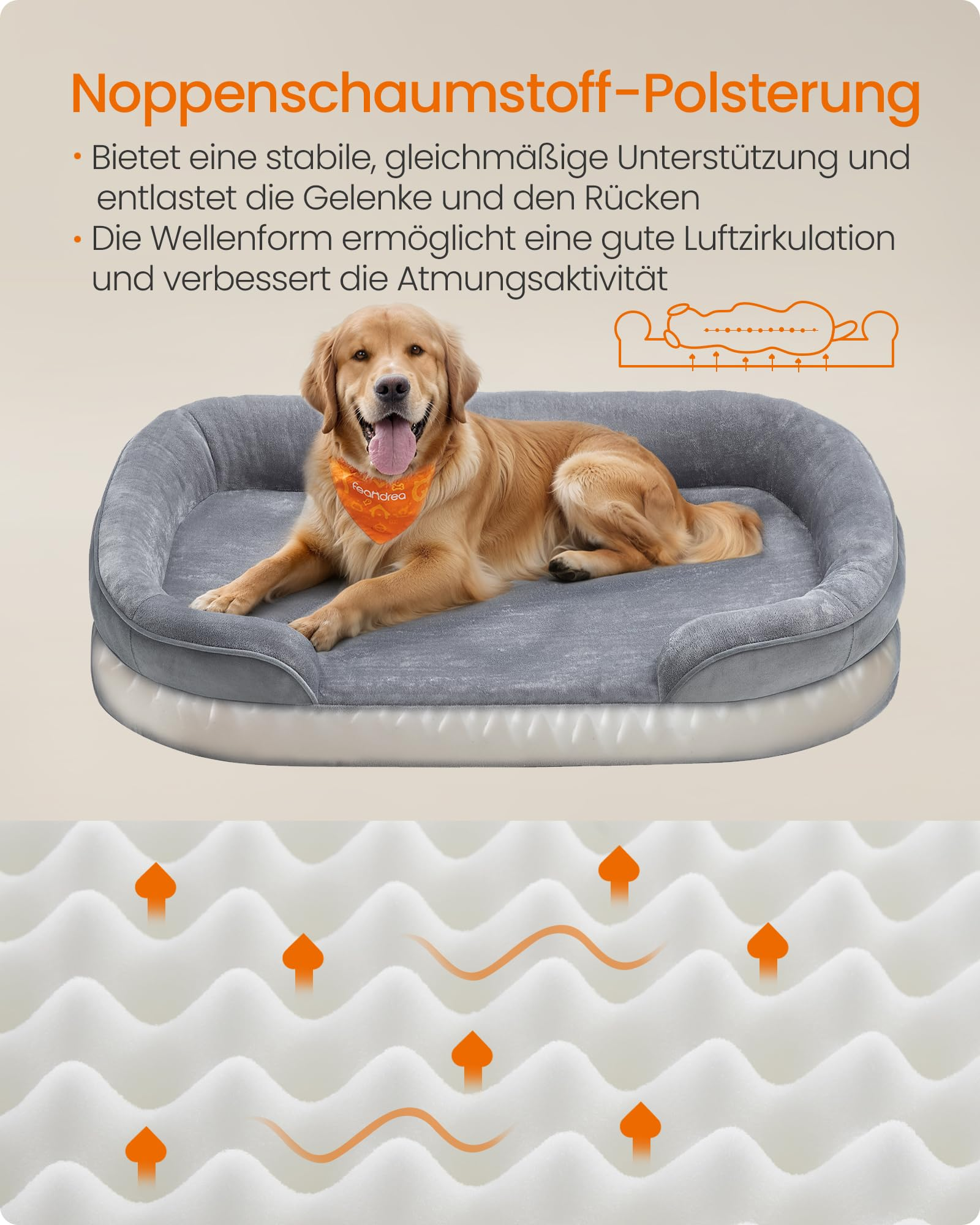 Un golden retriever si rilassa in una cuccia grigia con schiuma bugnata per favorire la circolazione dell'aria.