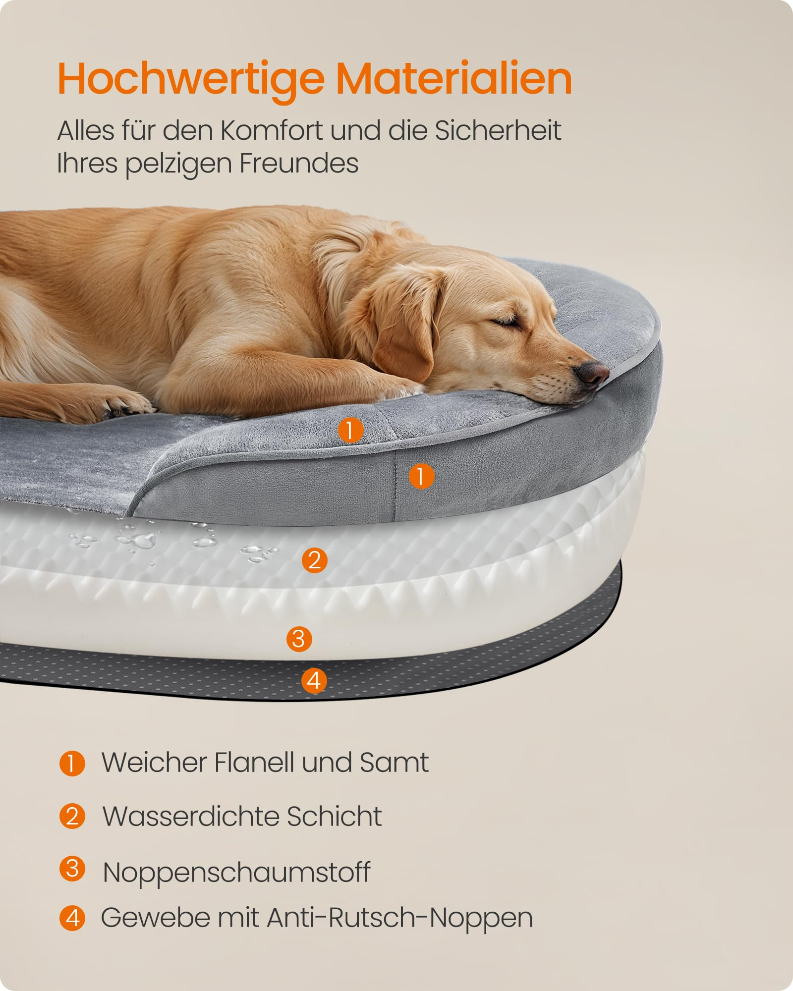 Un cane dorato dorme su una cuccia ortopedica per cani con quattro strati di materiale etichettati.