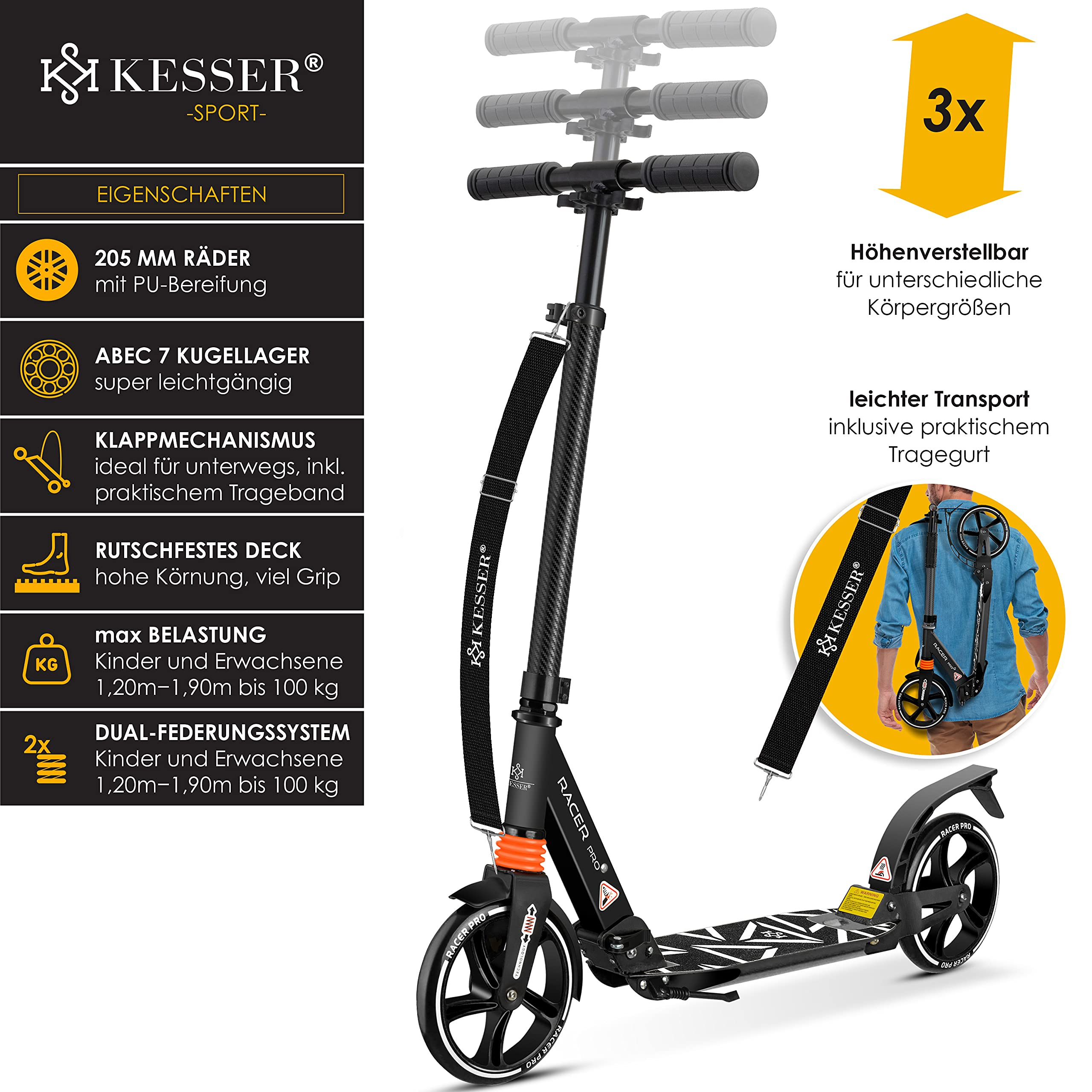 Trottinette de sport Kesser noire avec grandes roues de 205 mm, réglable en hauteur et pliable avec sangle.
