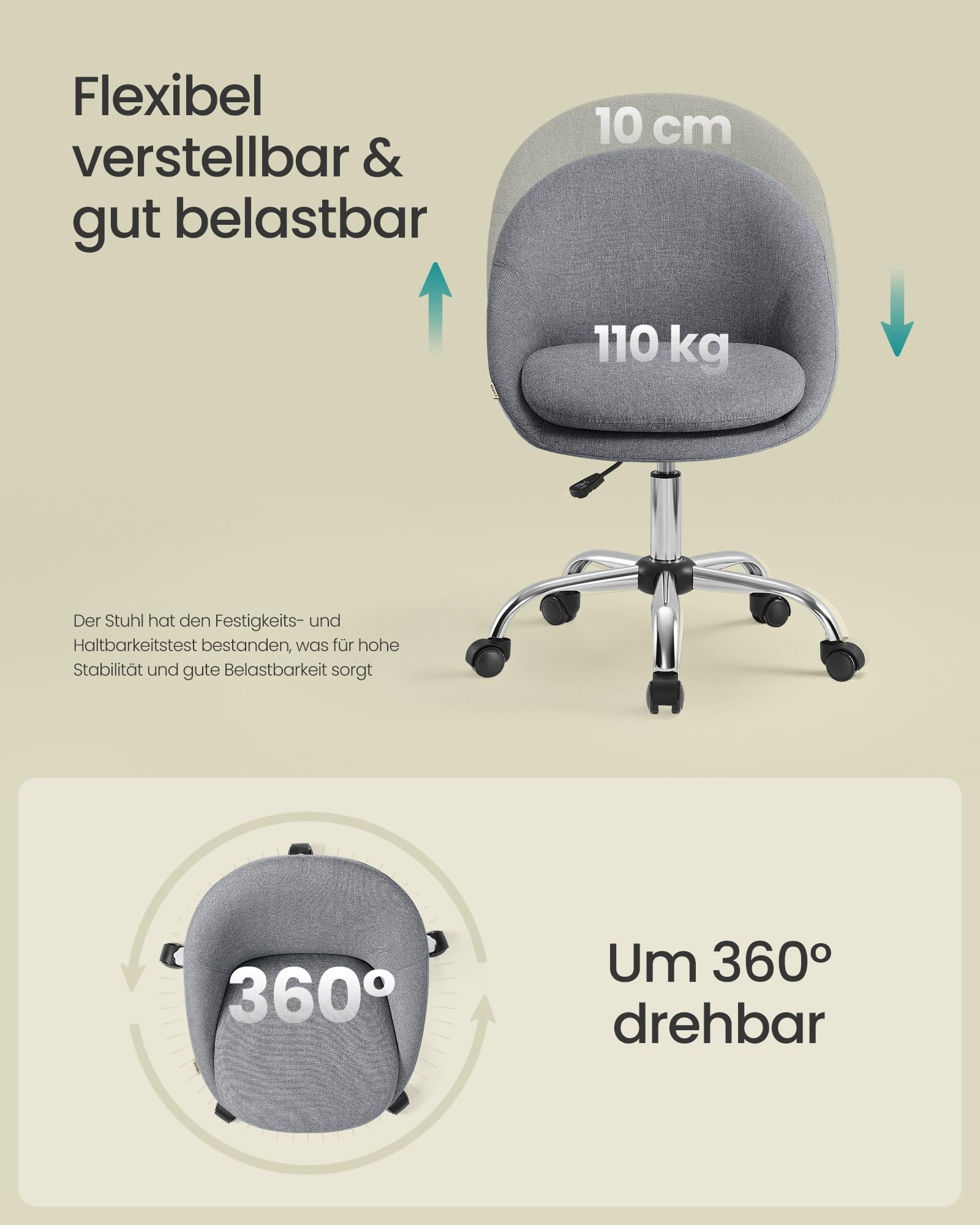 Une chaise de bureau grise avec assise réglable en hauteur et rotation à 360 degrés sur fond clair.