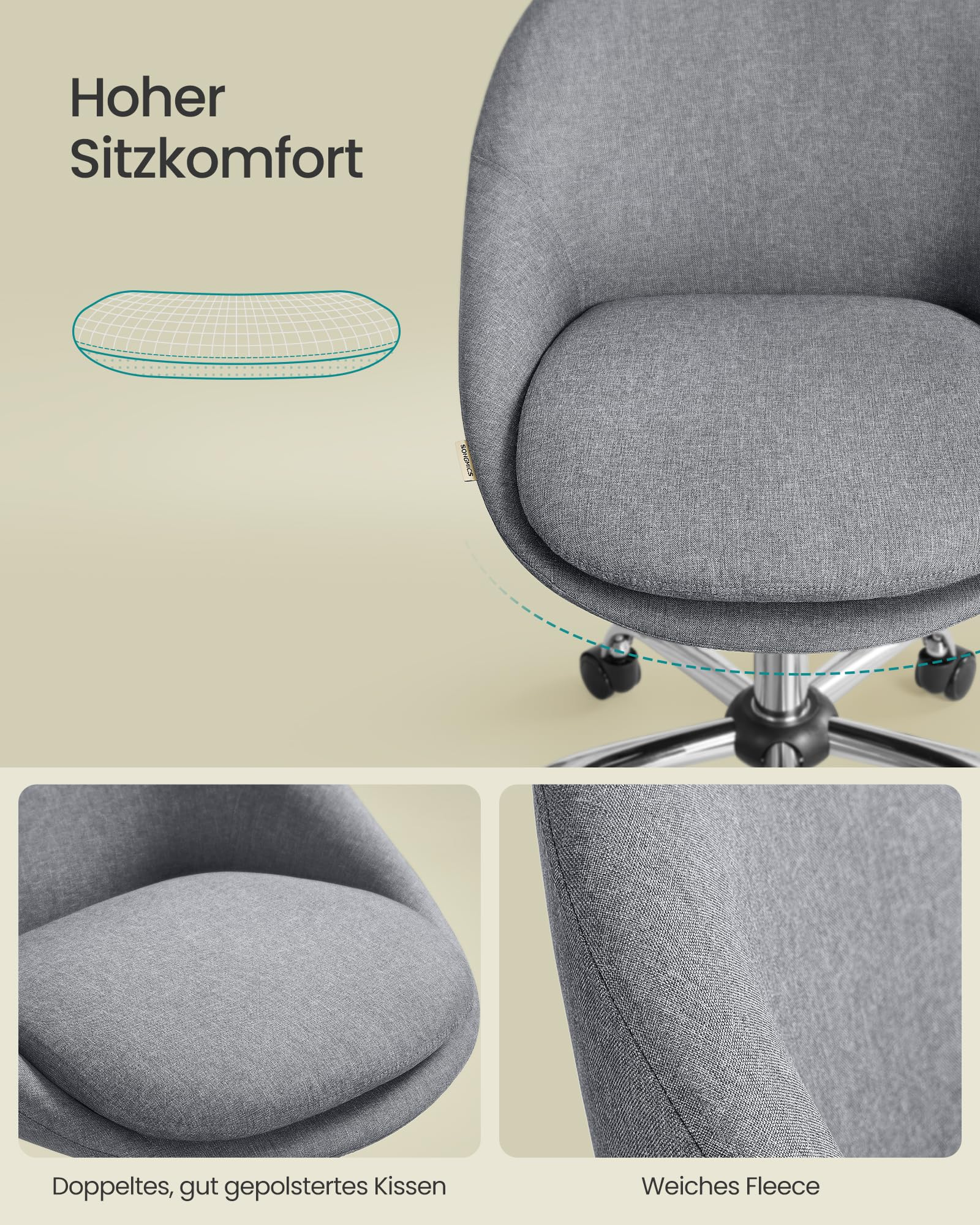 Chaise de bureau grise avec coussin epais et tissu polaire doux.