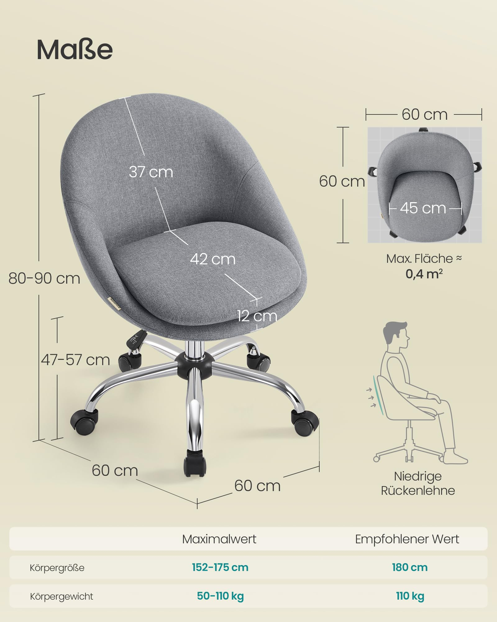 Chaise de bureau grise avec base en étoile argentée et roulettes, avec dimensions en centimètres.