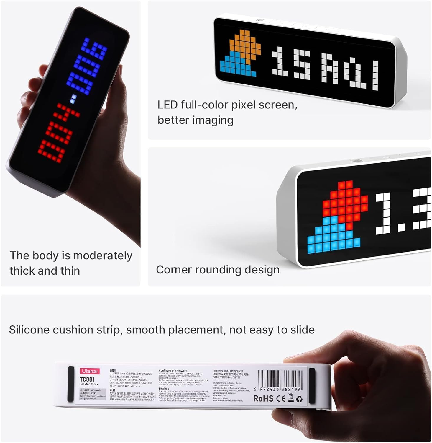Immagini di un orologio a pixel digitale con display a colori, angoli arrotondati e base in silicone.