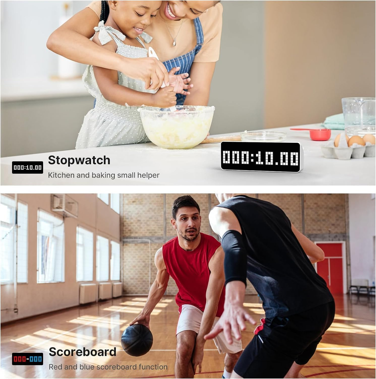Una madre e un bambino che cucinano in cucina e due uomini che giocano a basket in palestra.