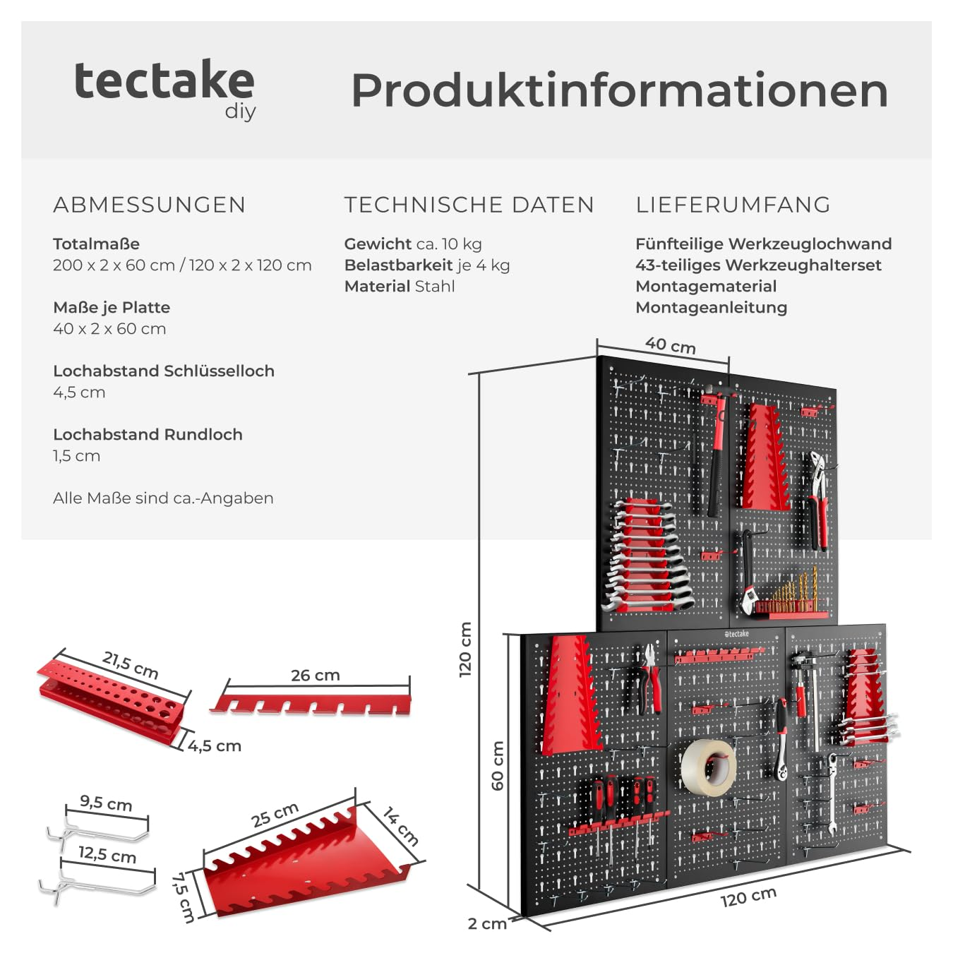 Produktinformationen und technische Daten einer schwarzen Werkzeugwand mit roten Haltern und Maßen.