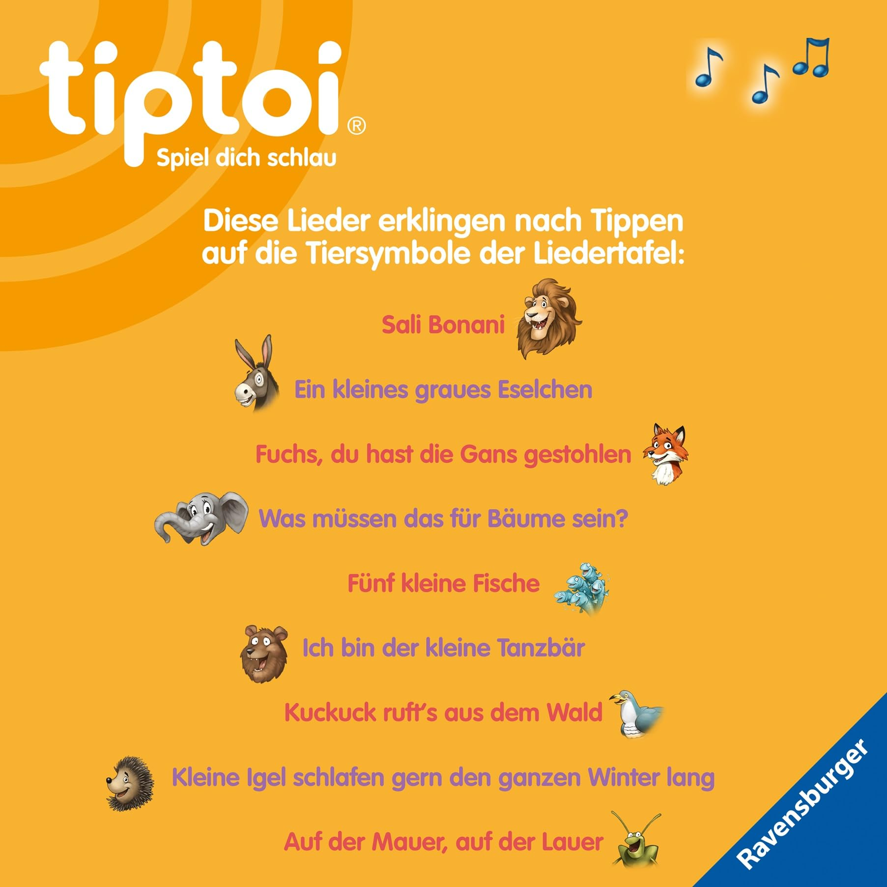 Poster Tiptoi giallo con canzoni e simboli animali.