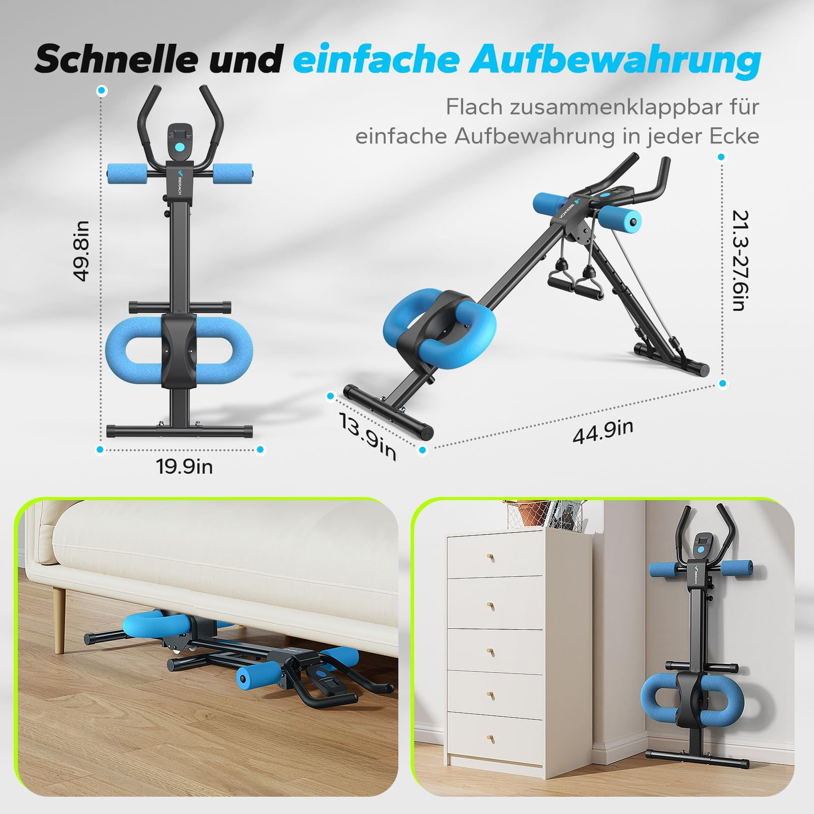 Fitnessgerät mit blauen Polstern, Maßen und Beispielen für die platzsparende Aufbewahrung.