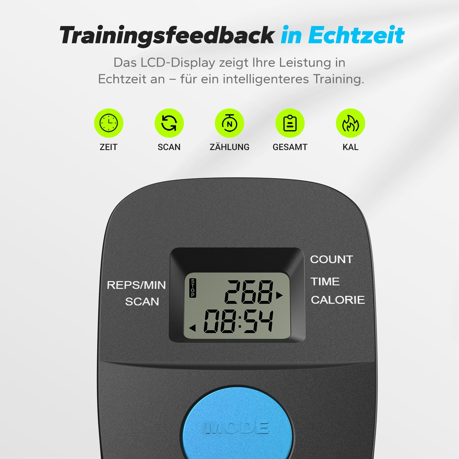 LCD-Display eines Fitnessgeräts mit Echtzeit-Trainingsdaten und blauer Modustaste.