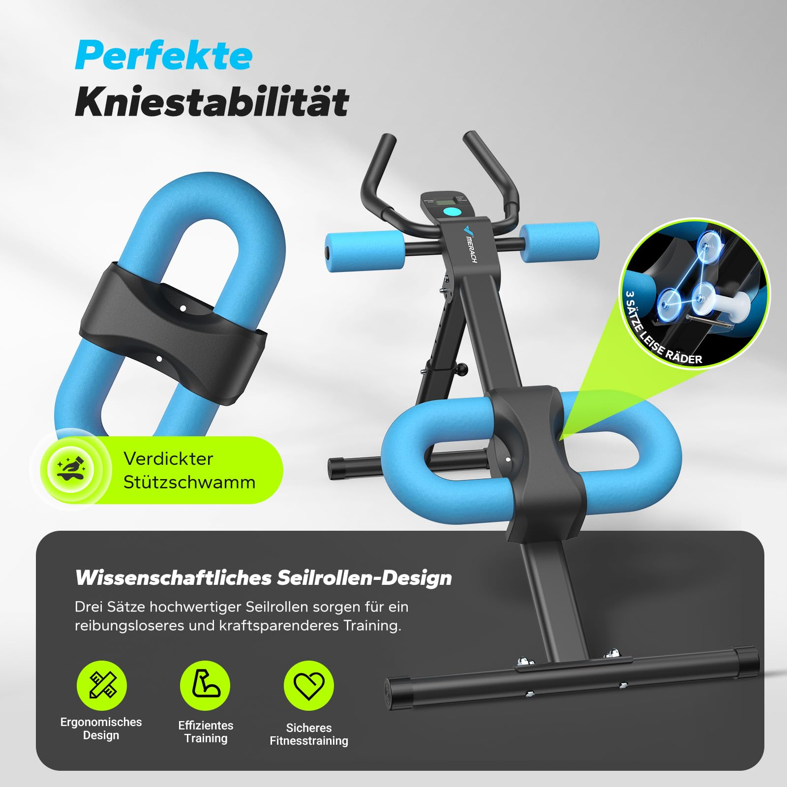 Ein schwarzes Fitnessgerät mit blauen Schaumstoffpolstern und deutscher Textüberlagerung zur Kniestabilität.