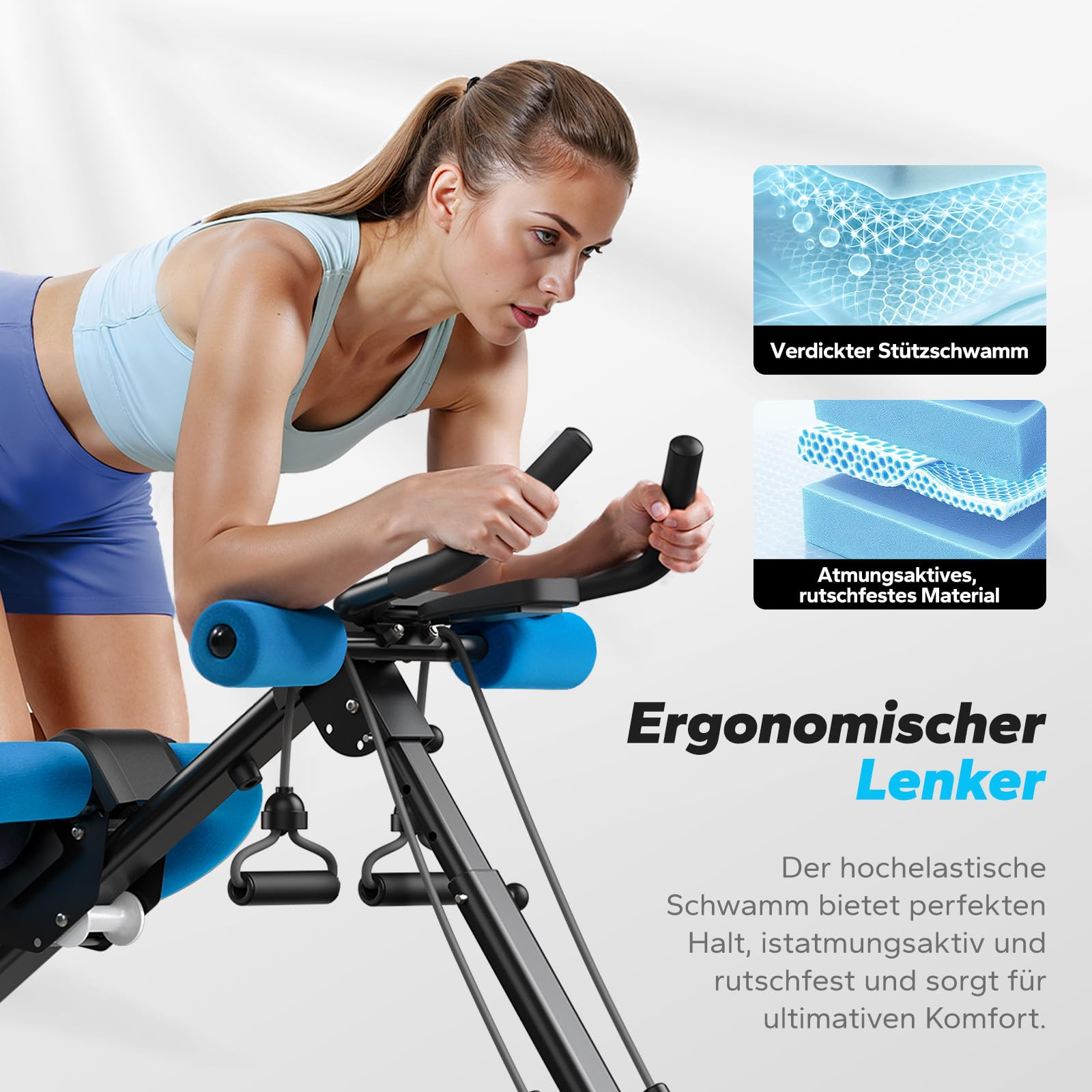 Eine Frau in Sportkleidung nutzt ein multifunktionales Ab- und Core-Fitnessgerät mit ergonomischen Griffen.