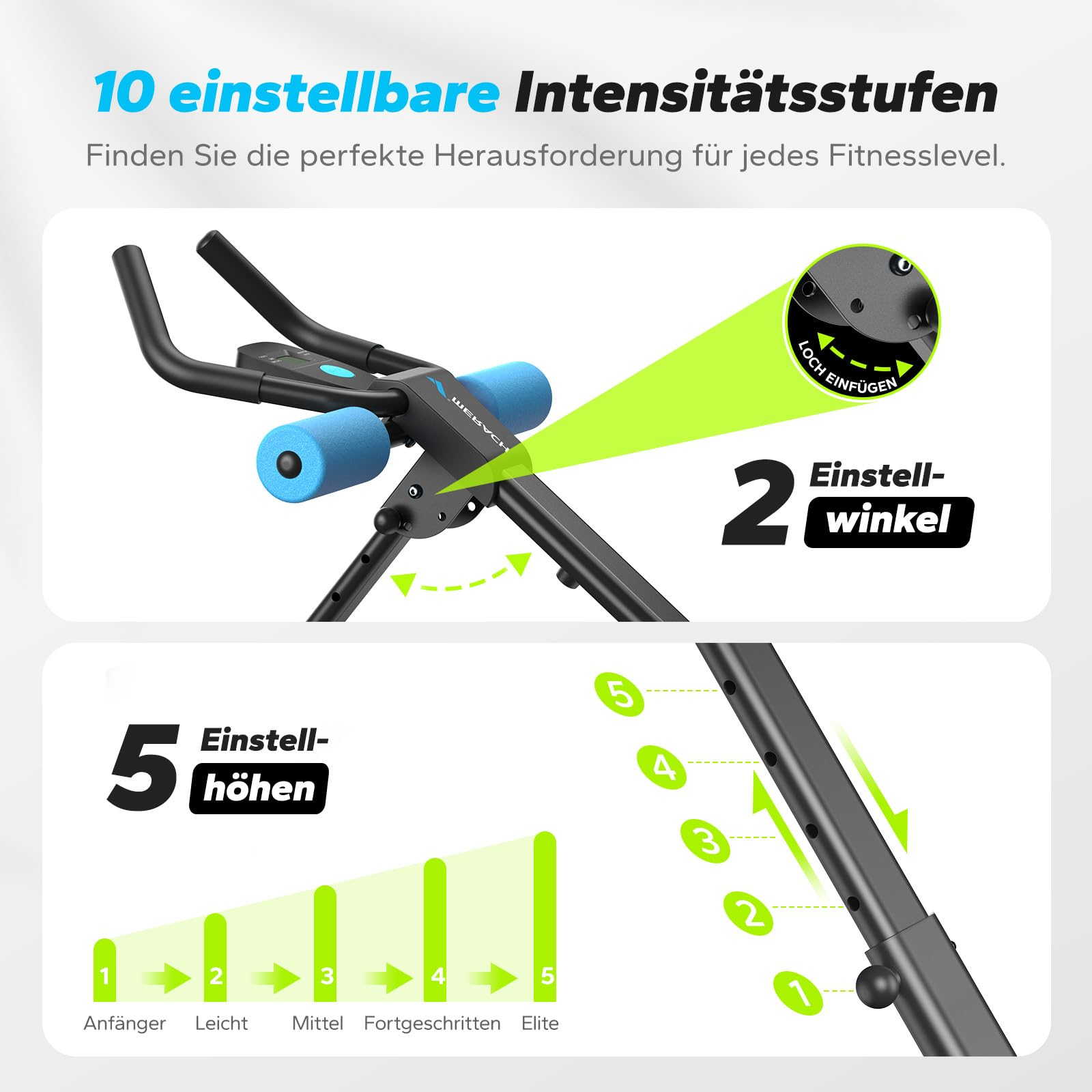 Fitnessgerät mit 10 Intensitätsstufen, 2 Einstellwinkeln und 5 Höhen für verschiedene Fitnesslevel.