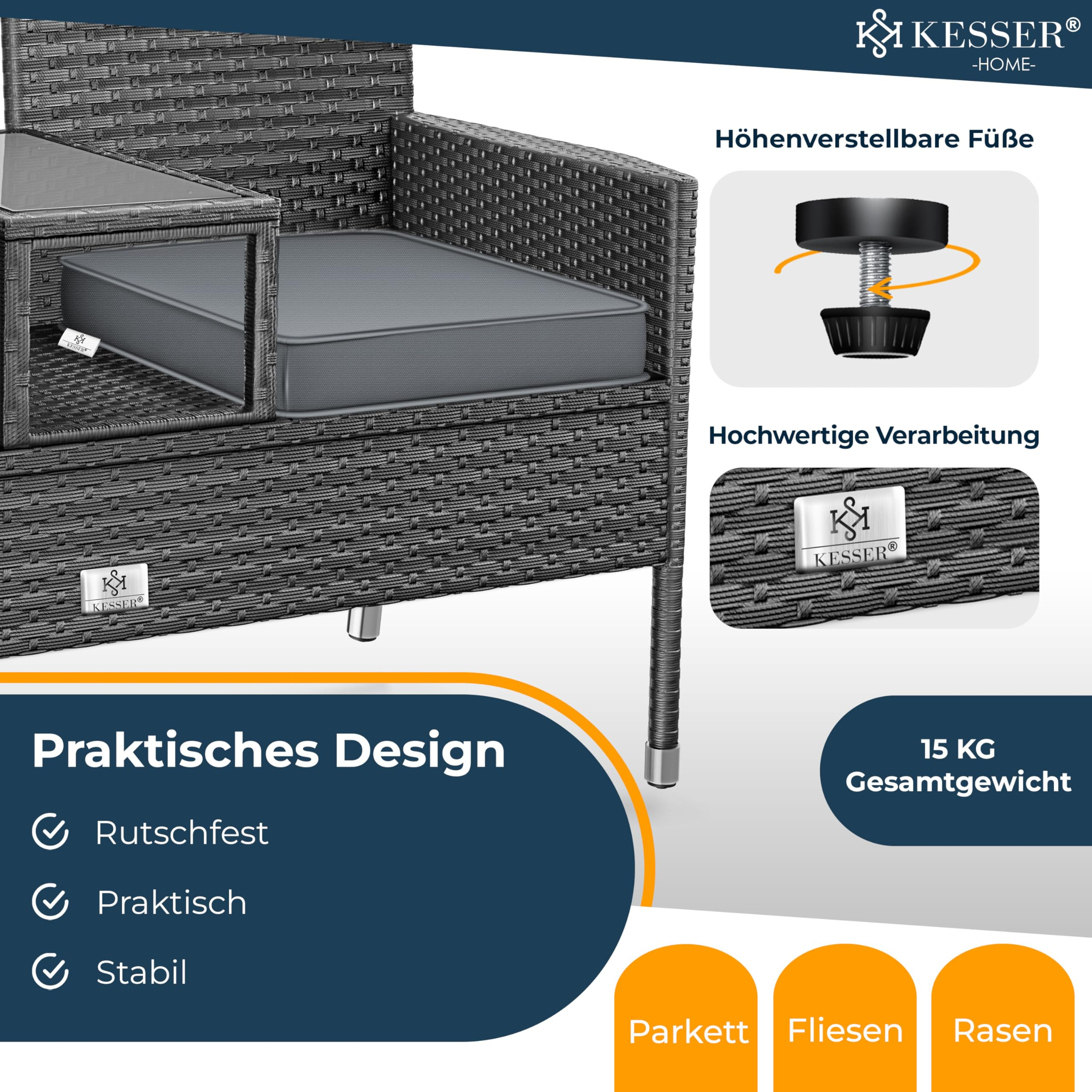 Grauer Rattan-Gartenstuhl mit Kissen, verstellbaren Füßen und Kesser-Logo, geeignet für verschiedene Böden.