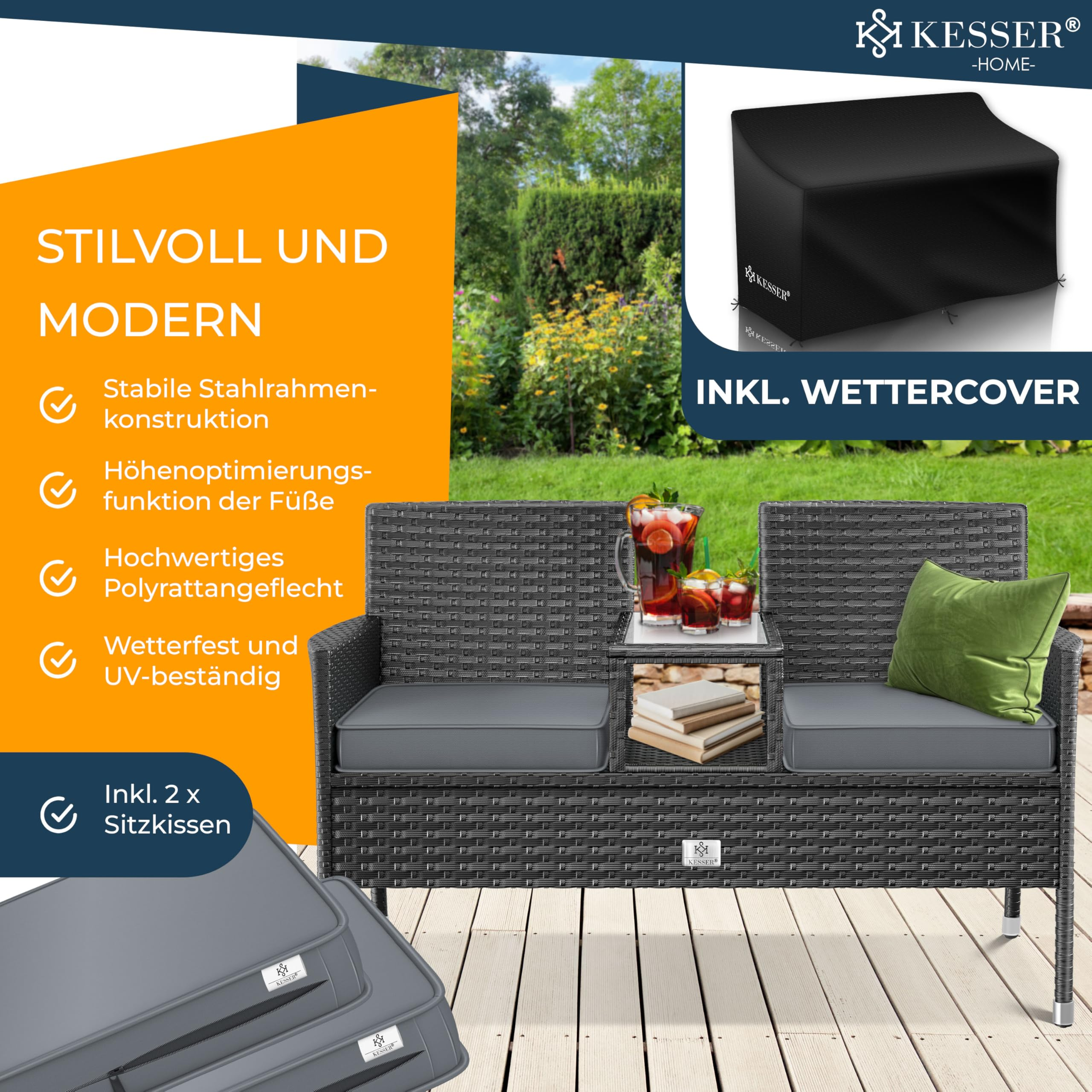 Graue Polyrattan-Gartenbank mit integriertem Tisch, grauen Kissen und Wettercover vor Garten.